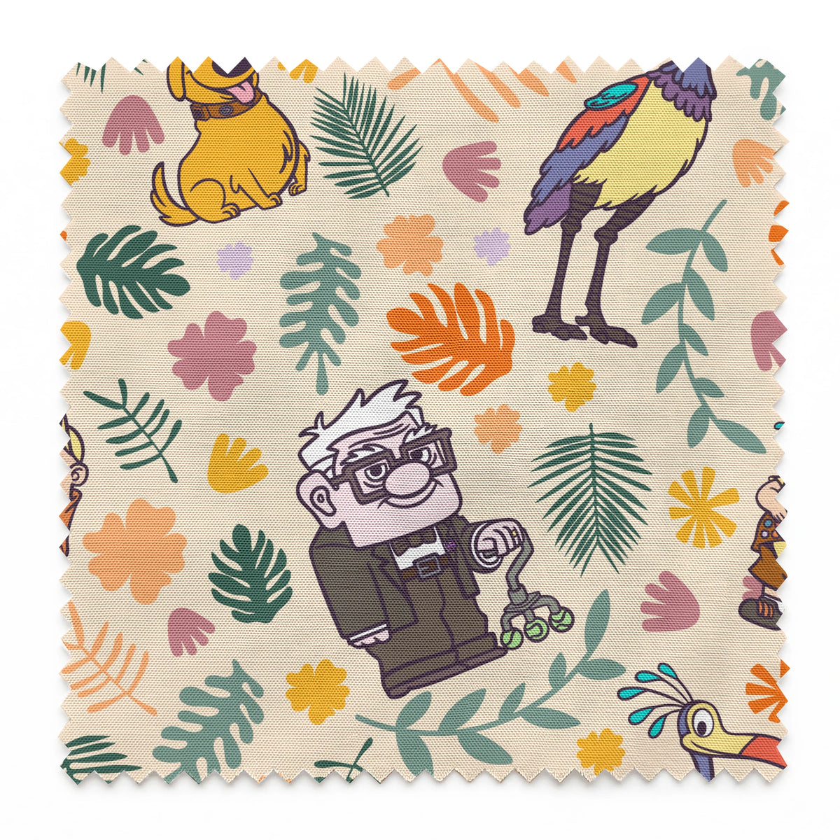 Whimsical cartoon pattern with colorful characters from Pixar's "Up" against floral background springs swatch pinked