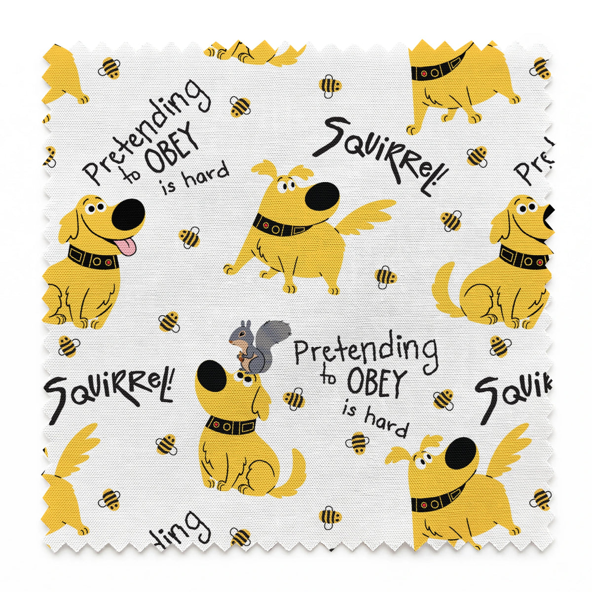 Cartoon Up-inspired dog with wings chasing bees, text "Pretending to OBEY is hard" and "SQUIRREL! springs swatch pinked