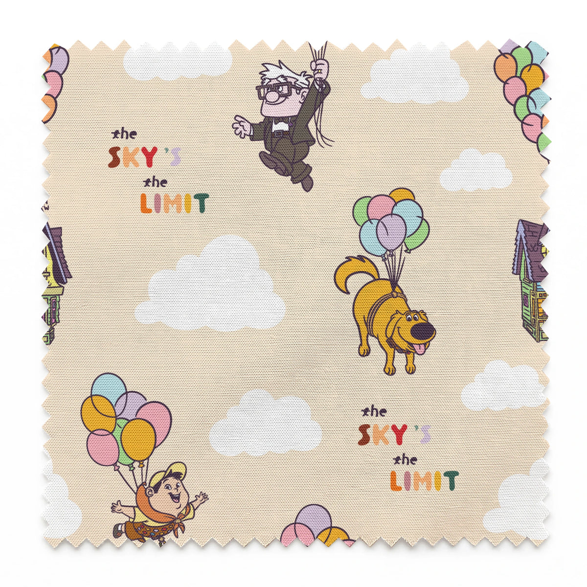 Pixar Up's characters floating with colorful balloons against beige sky with "sky's the limit" text springs swatch pinked