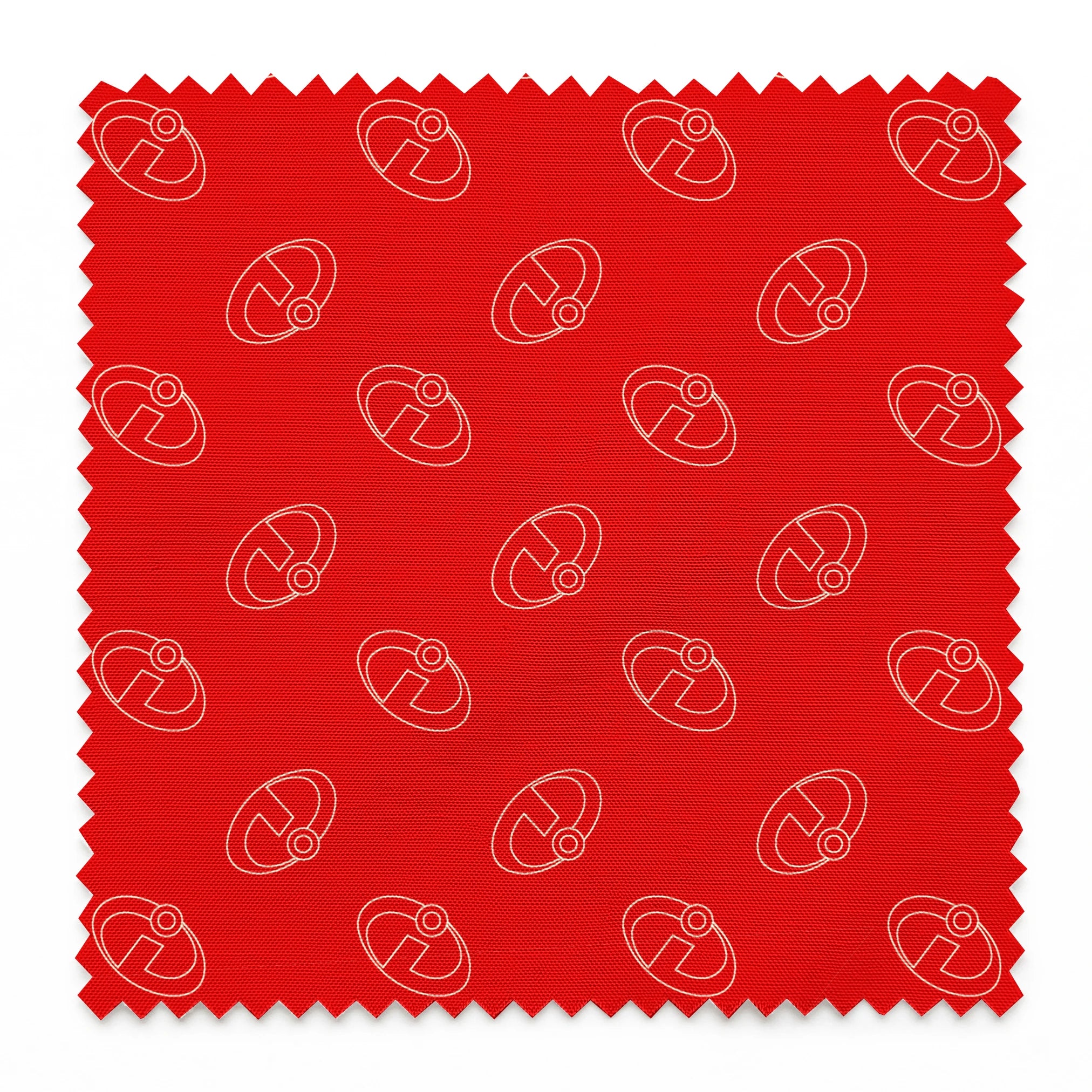Red background with The Incredibles logos in a repeating pattern springs swatch pinked