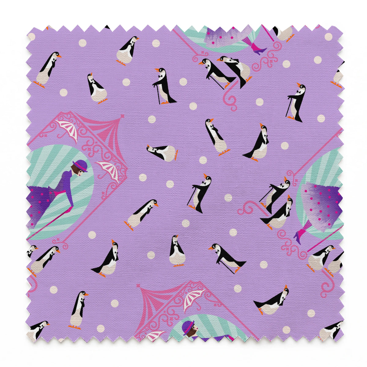 Playful pattern of penguins, Mary Poppins, and purple umbrellas on lavender background with white polka dots springs swatch pinked