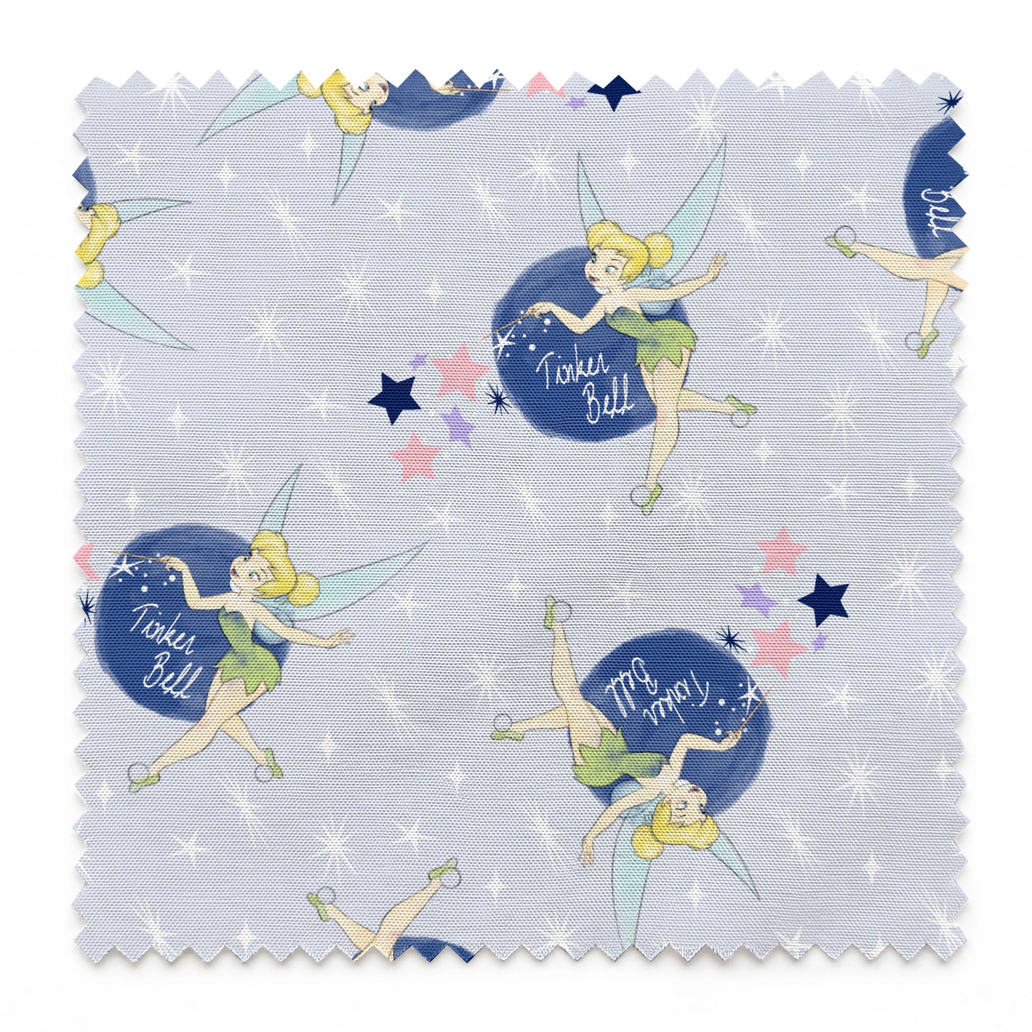 Tinker Bell pattern with the iconic fairy flying around blue moons and stars on a light gray background springs swatch pinked