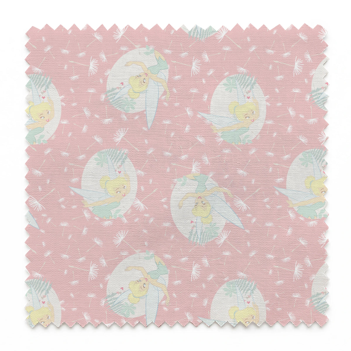 Pink background with dandelion seed pattern featuring Tinker Bell in mint green circles, whimsical Disney design springs swatch pinked
