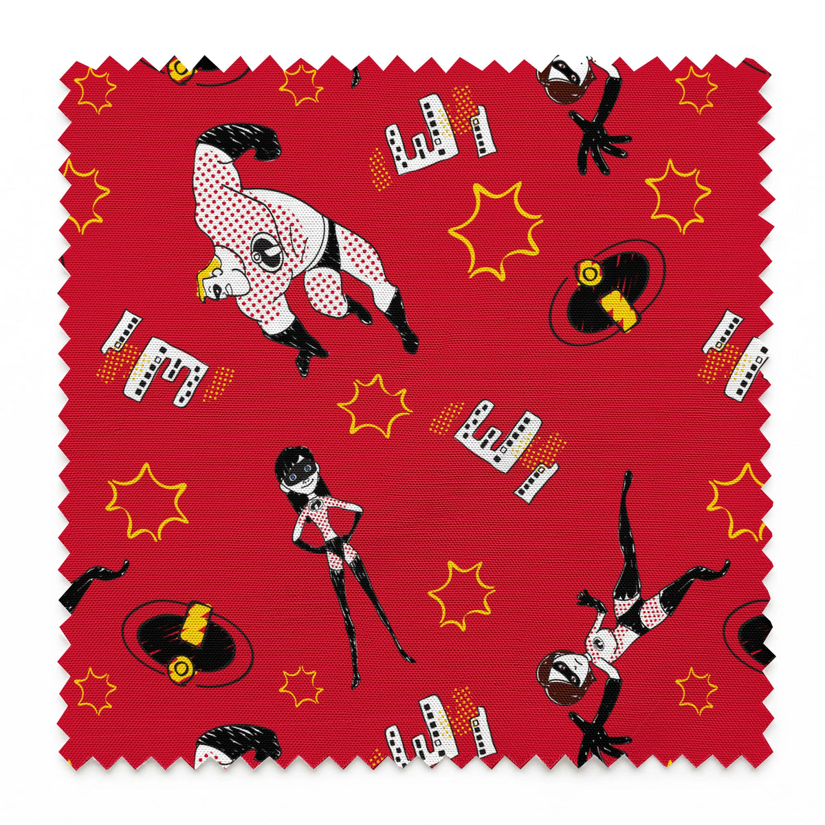 Red background pattern with The Incredibles, yellow stars, and comic book style graphic elements springs swatch pinked