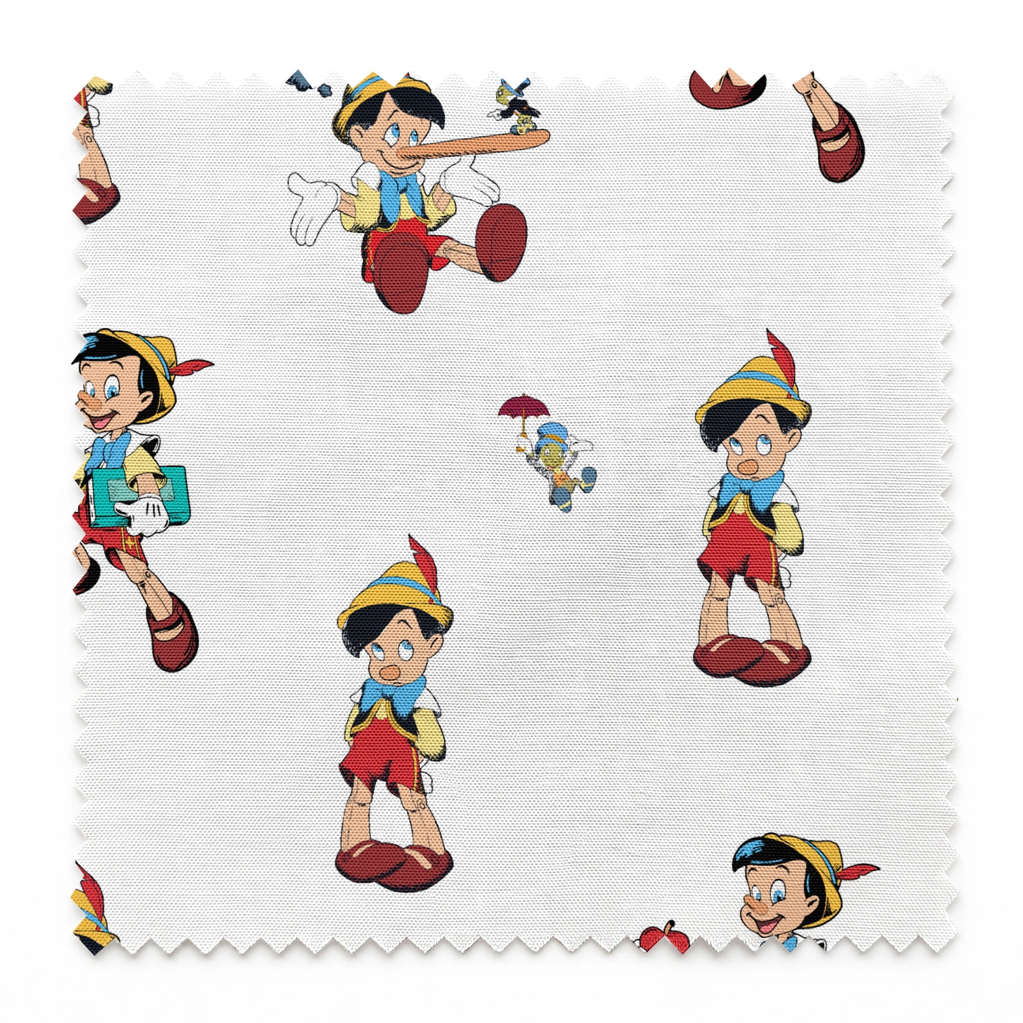 Repeating pattern of cartoon wooden puppet character with pointed hat in various poses springs swatch pinked