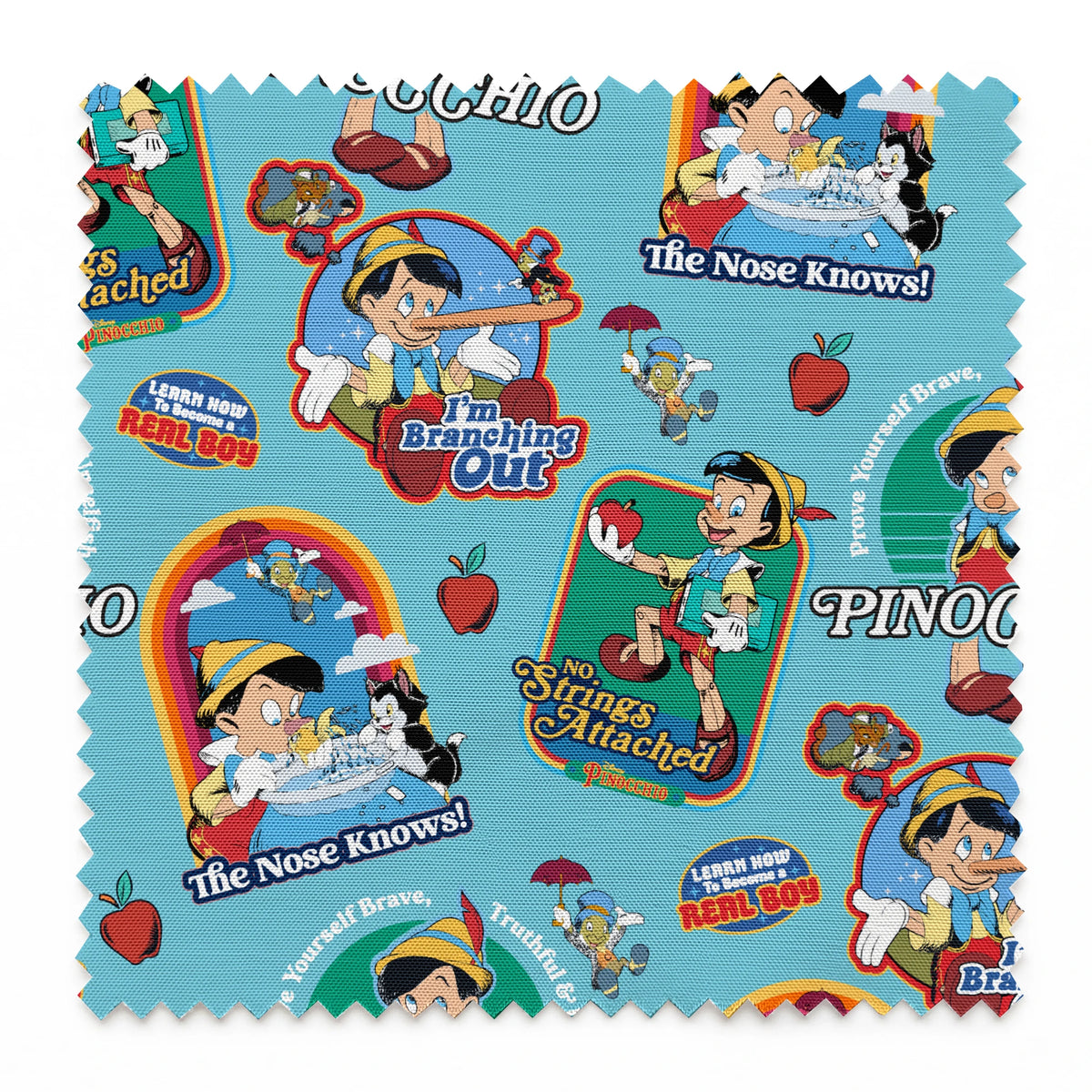 Colorful Pinocchio cartoon pattern featuring puppet characters, slogans, and red apples on teal background springs swatch pinked