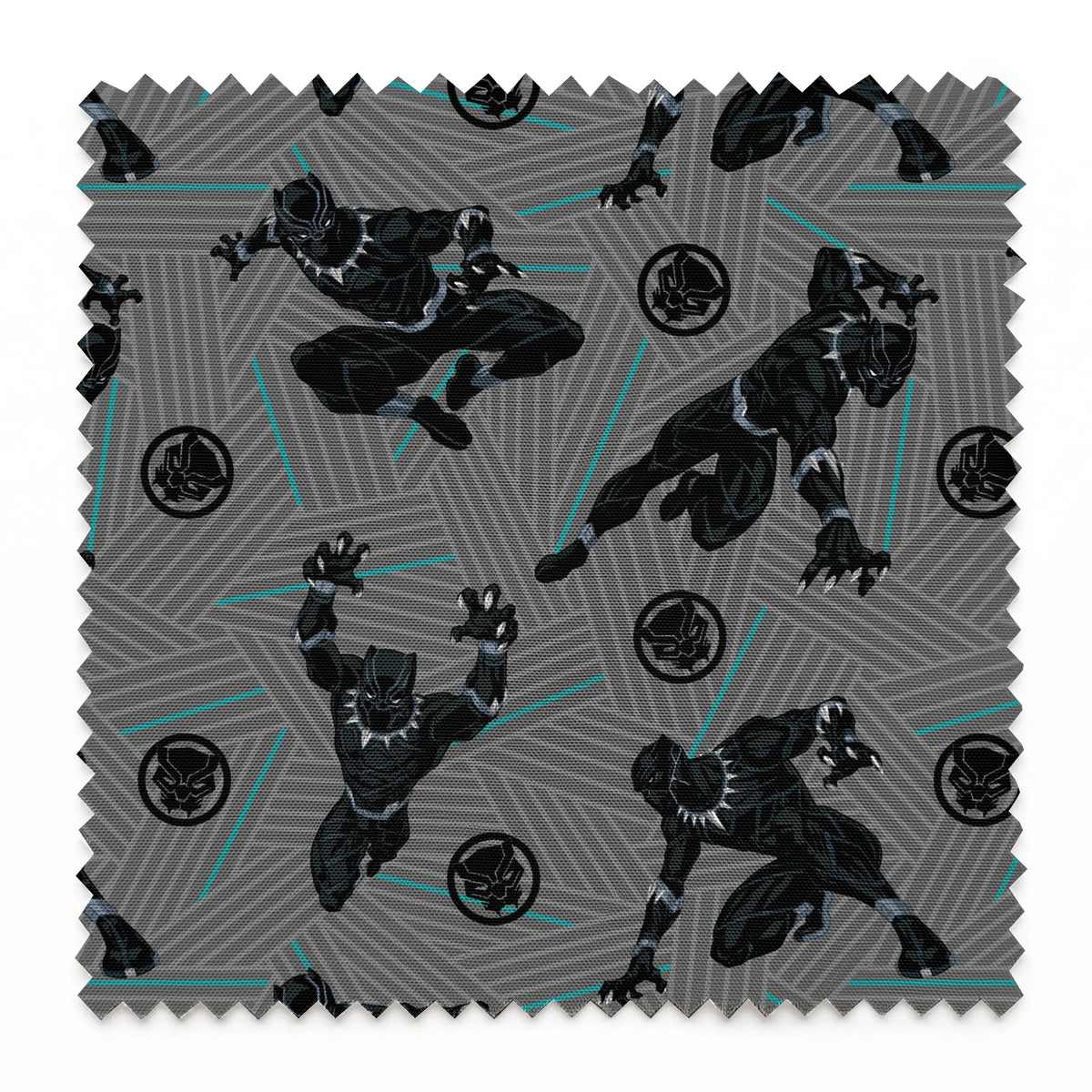 Black superhero figure in dynamic poses against gray geometric background with teal accents and circular emblems springs swatch pinked