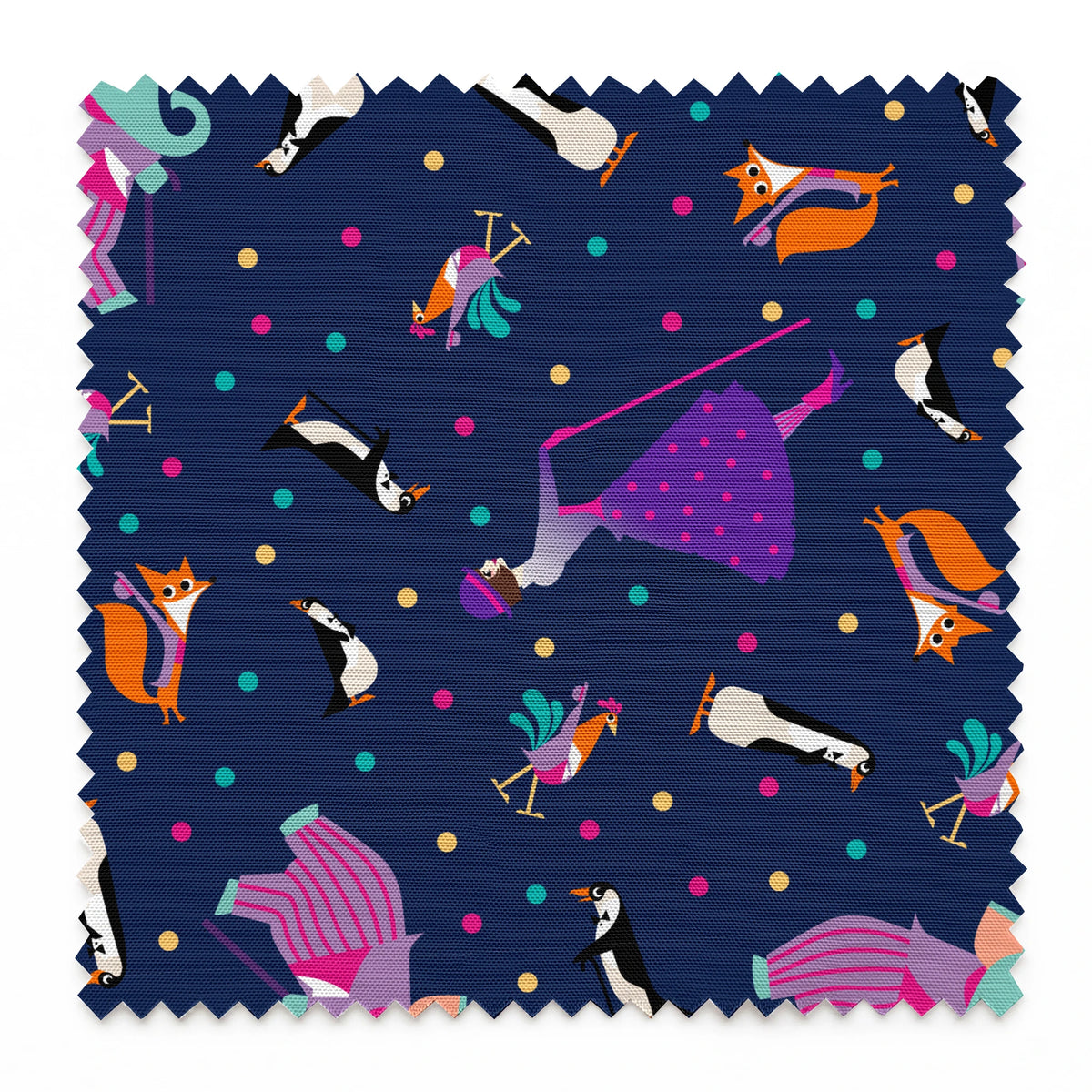 Colorful Mary Poppins pattern of whimsical animals including foxes and birds on a dark blue background with polka dots springs swatch pinked