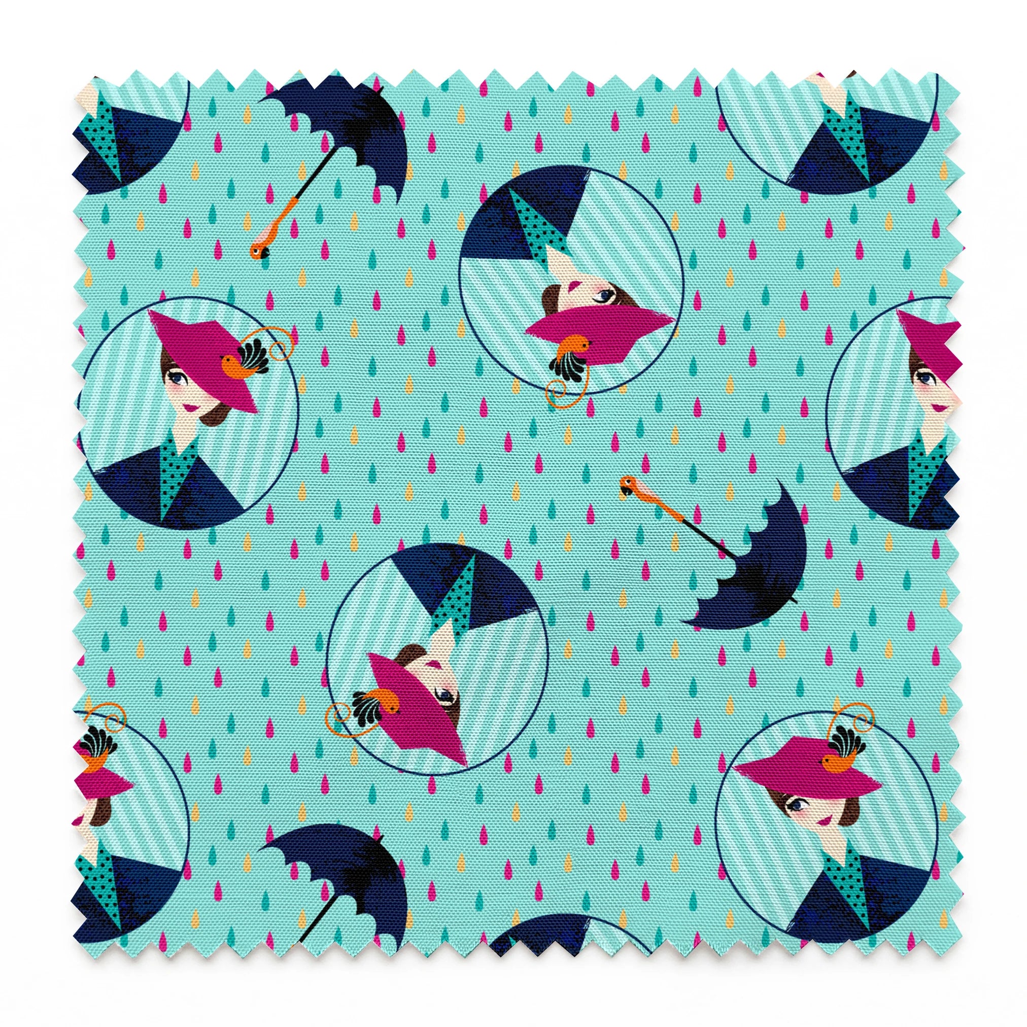 Colorful rainy pattern with Mary Poppins holding umbrellas in circular frames on turquoise background with pink raindrops springs swatch pinked