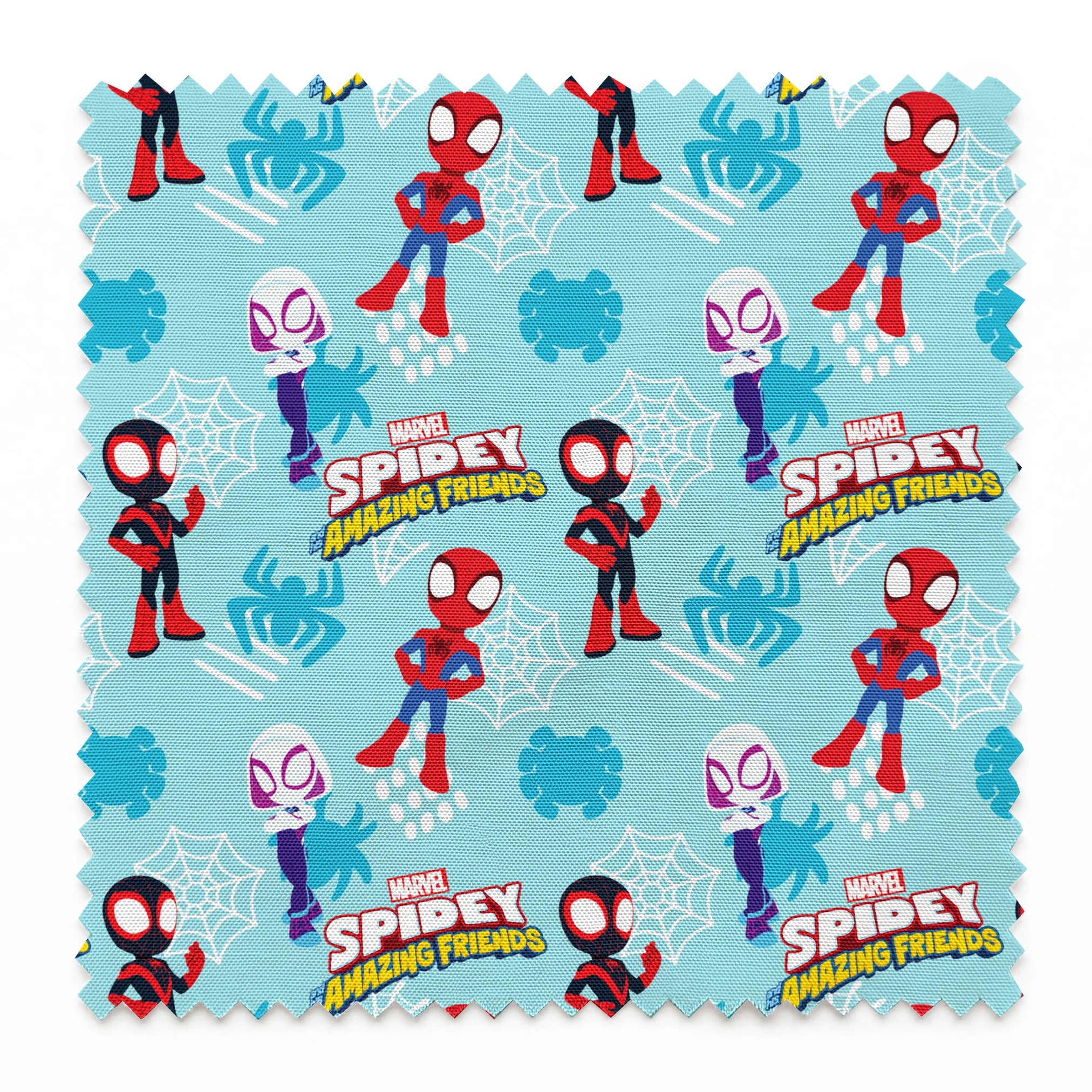 Marvel Spider-Man cartoon characters on blue background with spider webs and logos, featuring different Spider-Man costume variants. springs swatch pinked