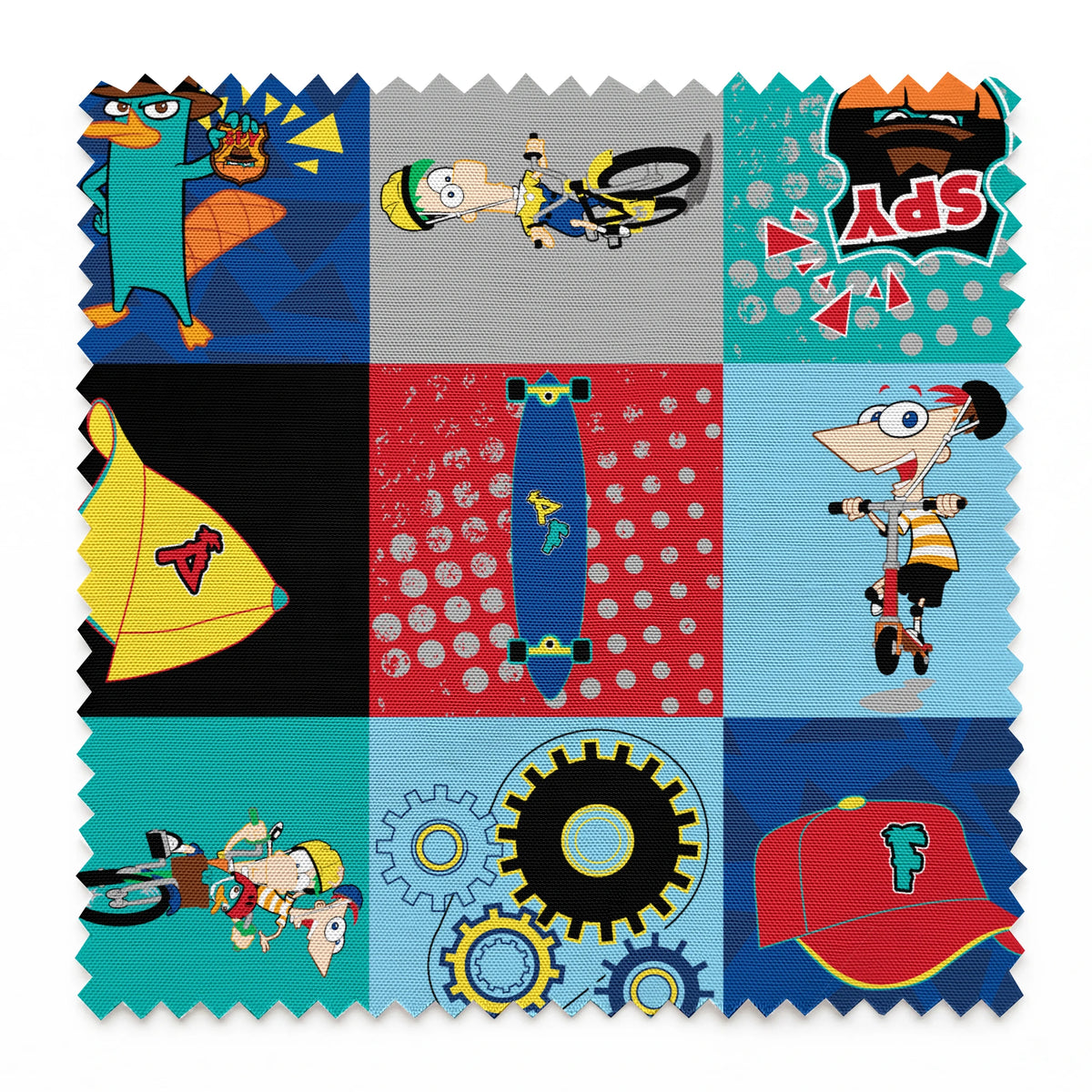 Phineas and Ferb cartoon characters in 9-square grid featuring Perry, logos, and mechanical designs springs swatch pinked