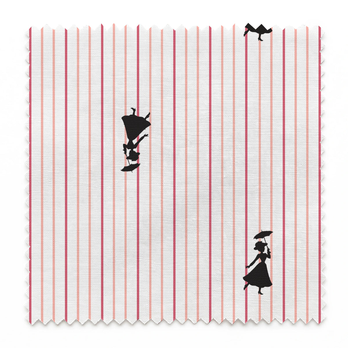 Mary Poppins silhouette figures on white background with thin pink vertical stripes springs swatch pinked