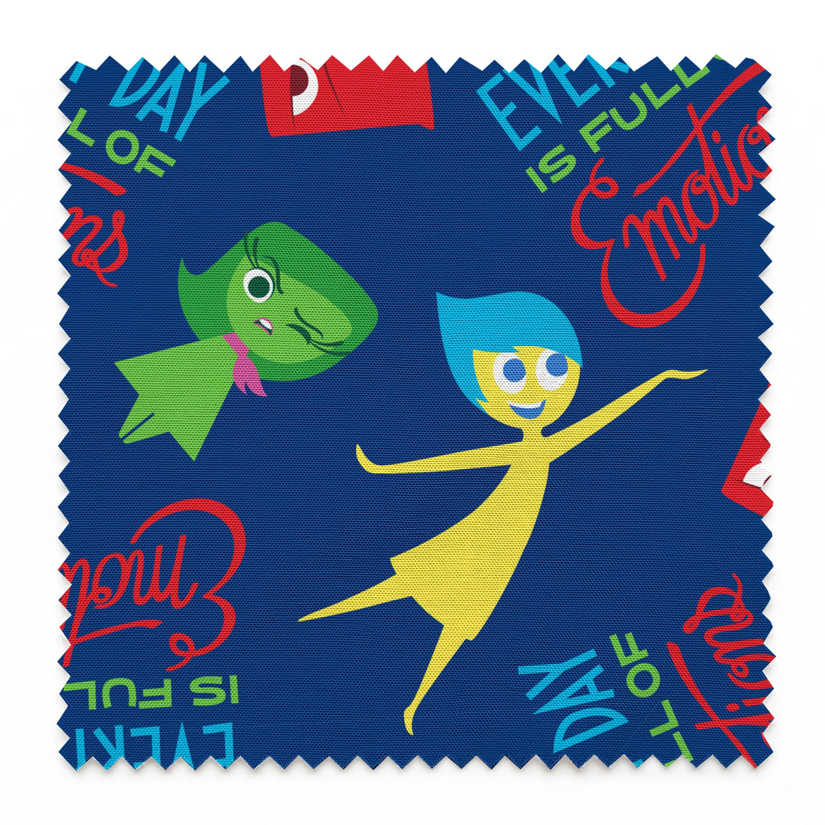 Colorful cartoon character pattern on blue background with characters from Inside Out movie and text phrases springs swatch pinked