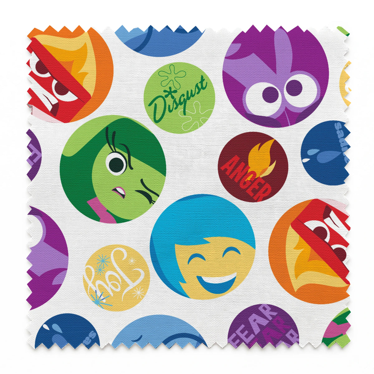 Colorful Inside Out character circles with various expressions in purple, green, blue, yellow, and red springs swatch pinked