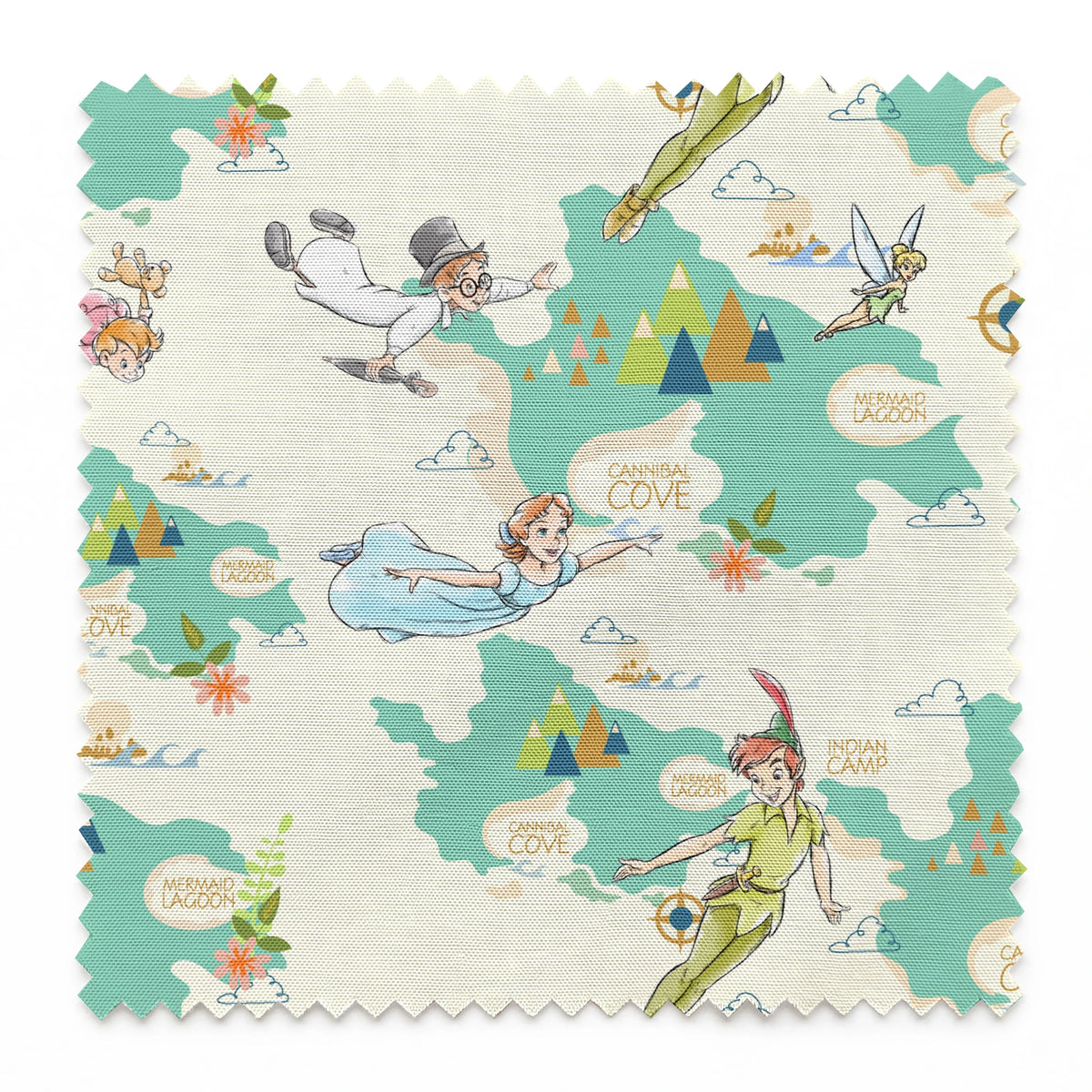 This is a whimsical Peter Pan themed pattern featuring characters flying through a turquoise sky with geometric mountains and text bubbles showing "Mermaid Cove" locations. springs swatch pinked