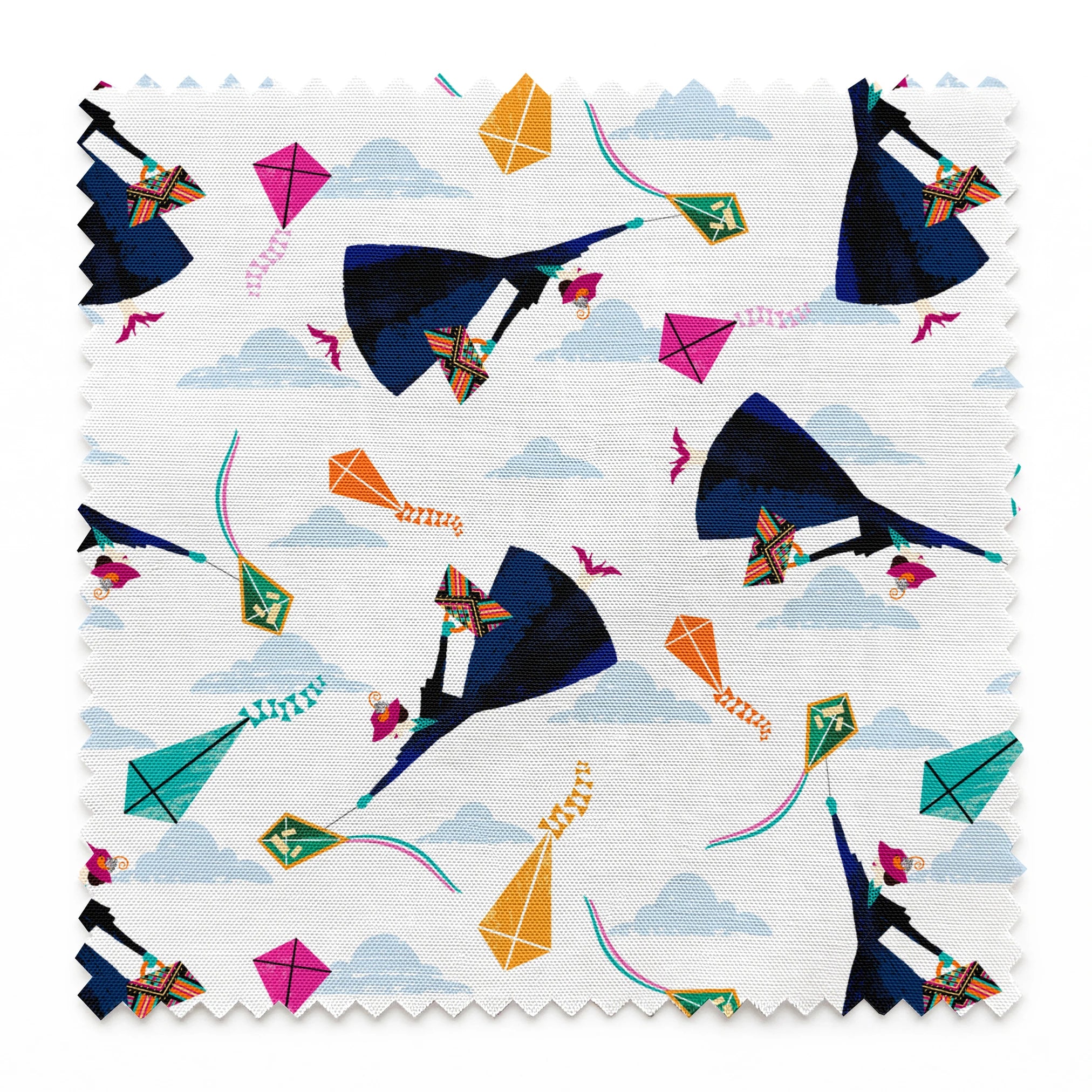 Colorful kites in orange, pink, and green along with Mary Poppins flying in a cloudy blue sky springs swatch pinked