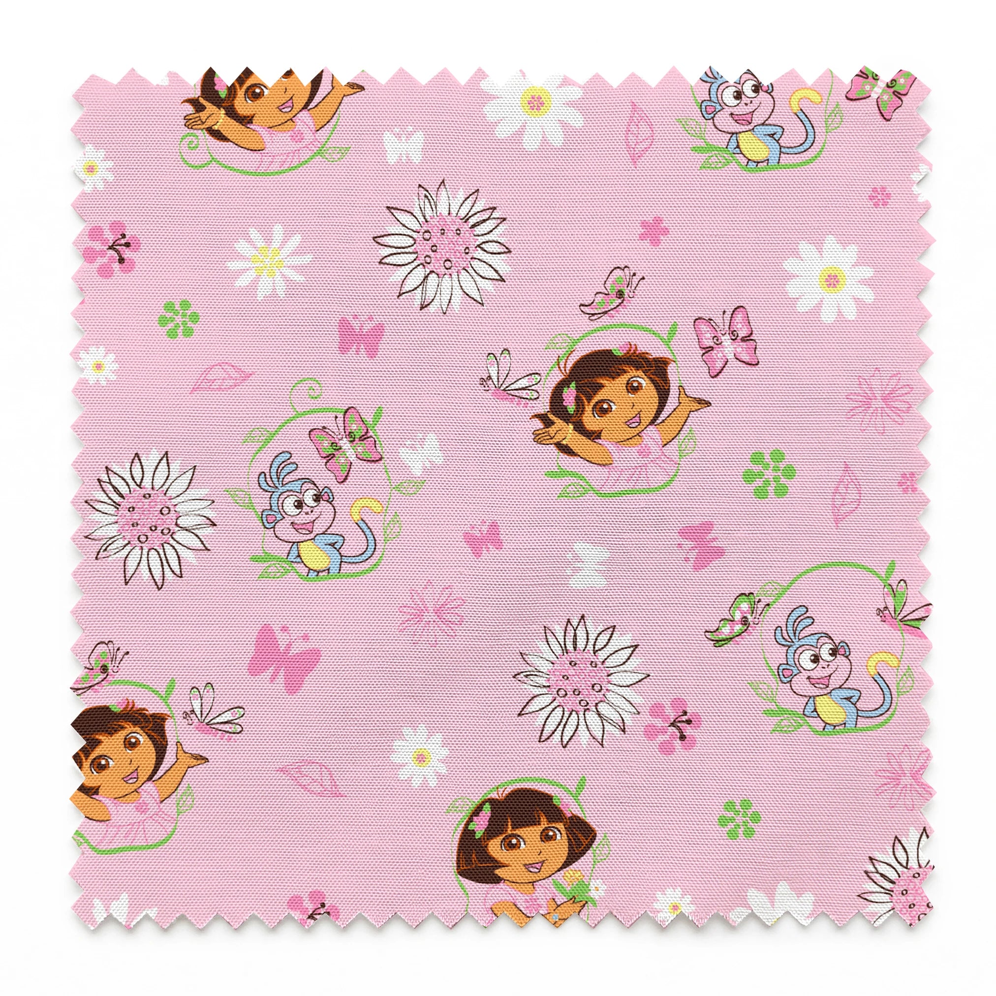 Pink background with Dora the Explorer characters, white daisies and purple butterflies scattered throughout springs swatch pinked