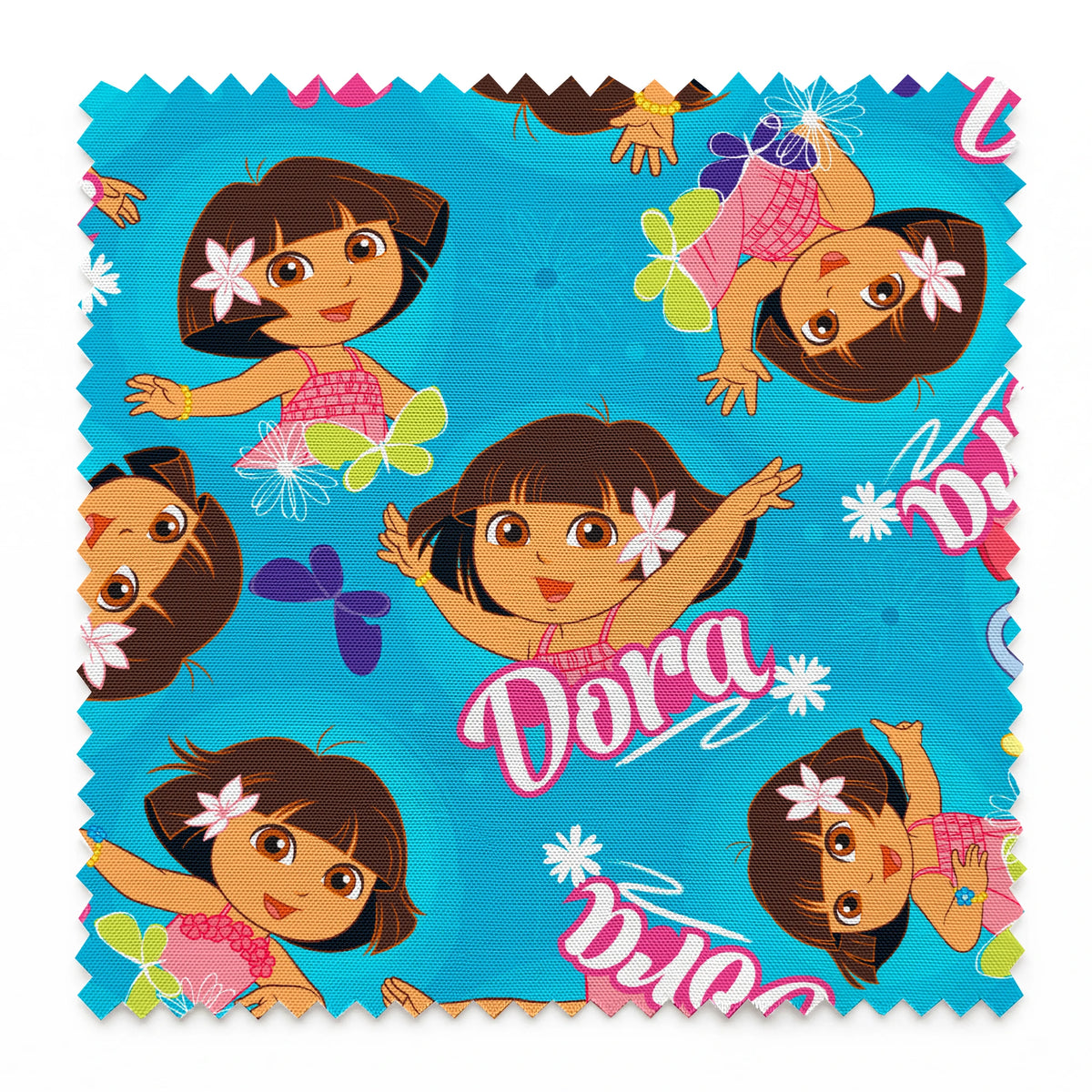 Bright blue pattern with cartoon character Dora, flowers, and "Dora" text repeated throughout springs swatch pinked