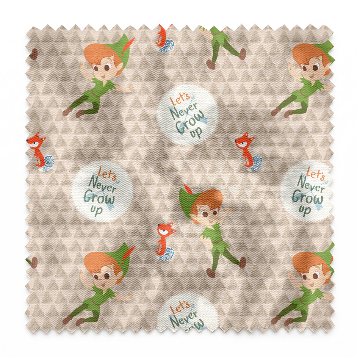 Cartoon pattern featuring Peter Pan character flying, orange foxes, and "Let's Never Grow Up" text on beige background springs swatch pinked