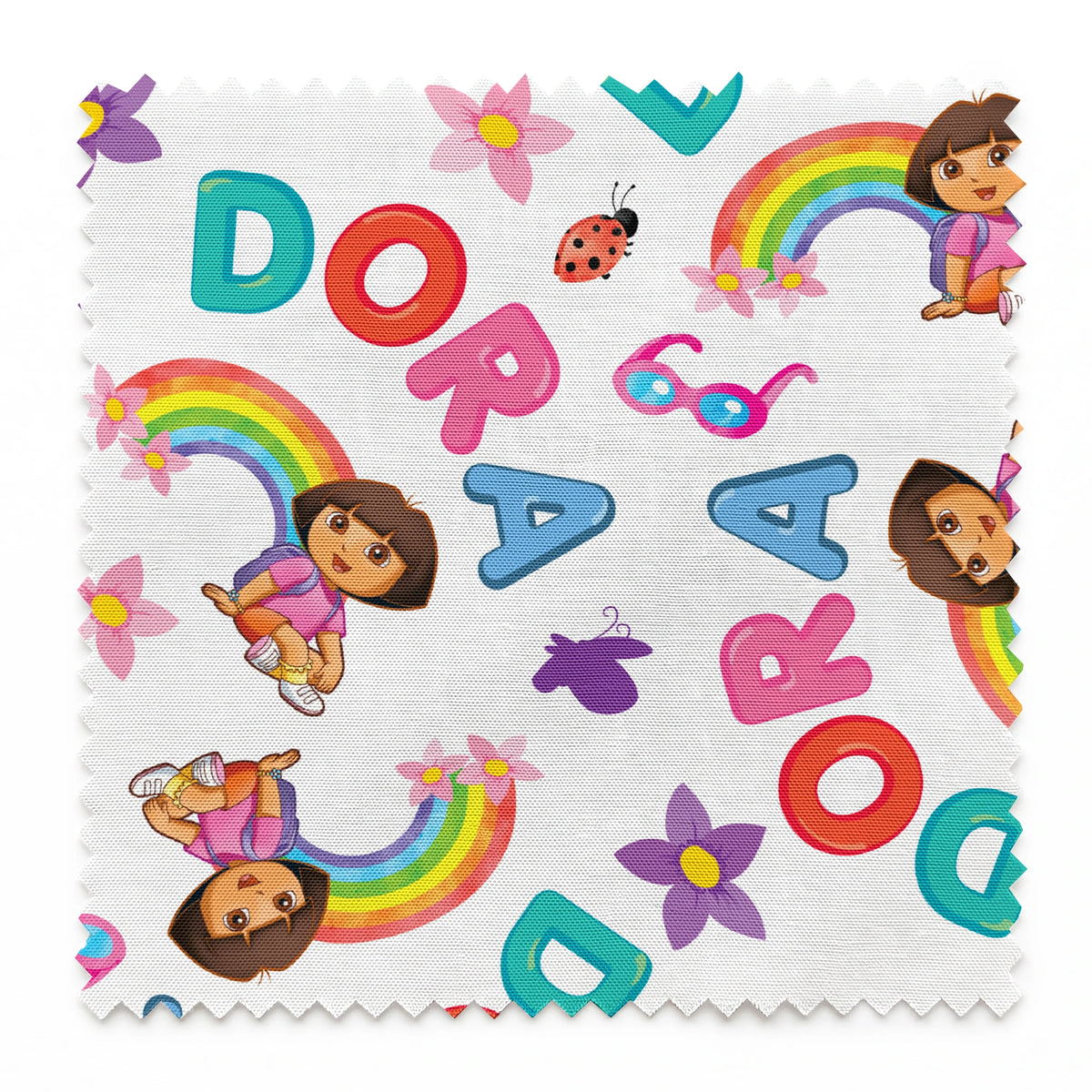 Colorful Dora pattern with rainbows, flowers, alongside scattered "DORA" letters on white background. springs swatch pinked