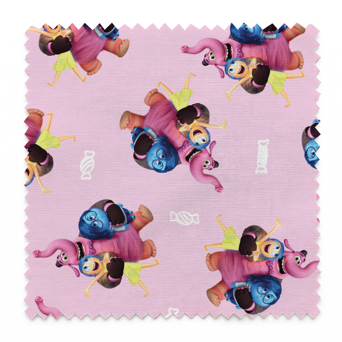 Repeating pattern of Inside Out characters on a lavender background springs swatch pinked