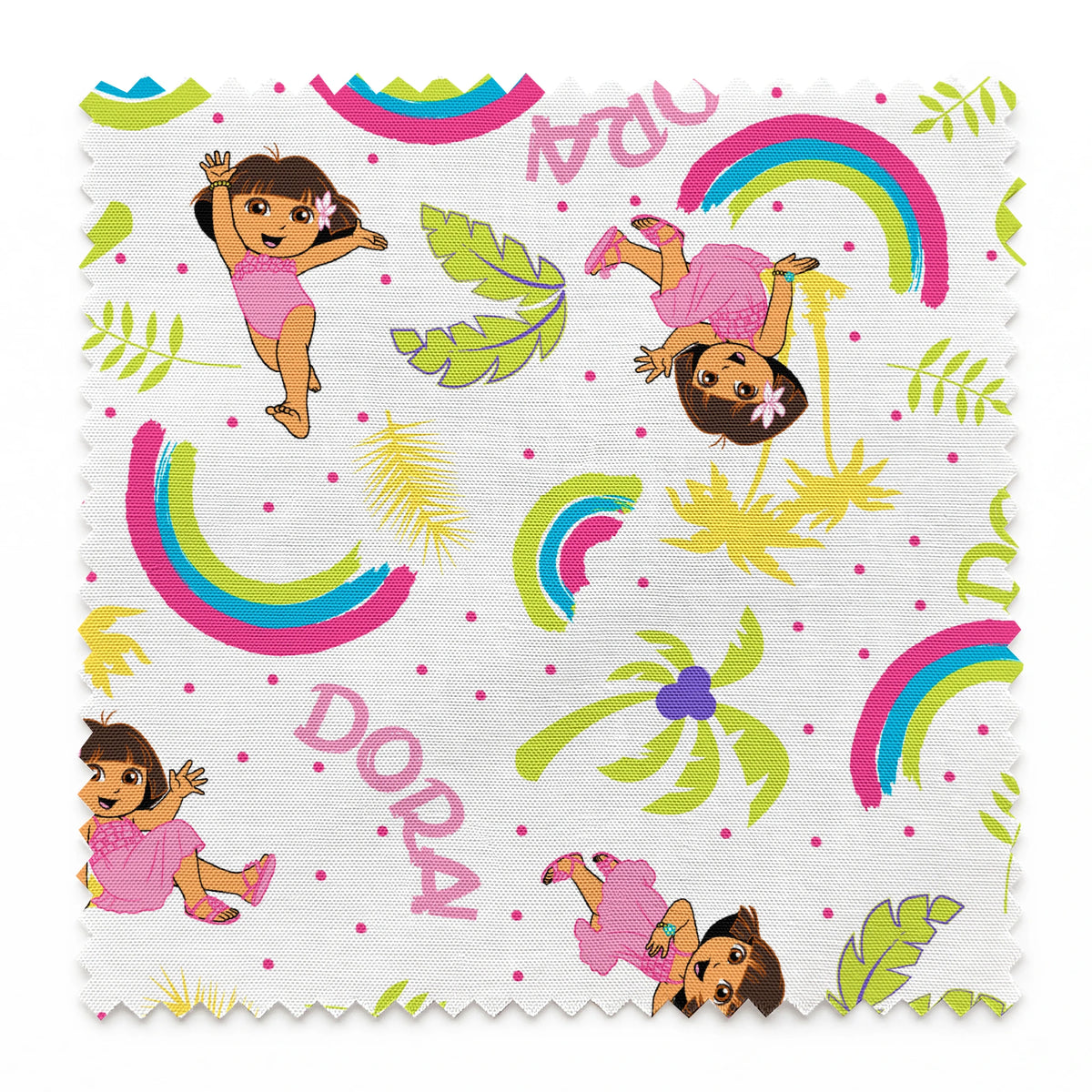 Cartoon pattern with colorful rainbows, Dora the Explorer characters, green leaves, and yellow leaves on white background springs swatch pinked