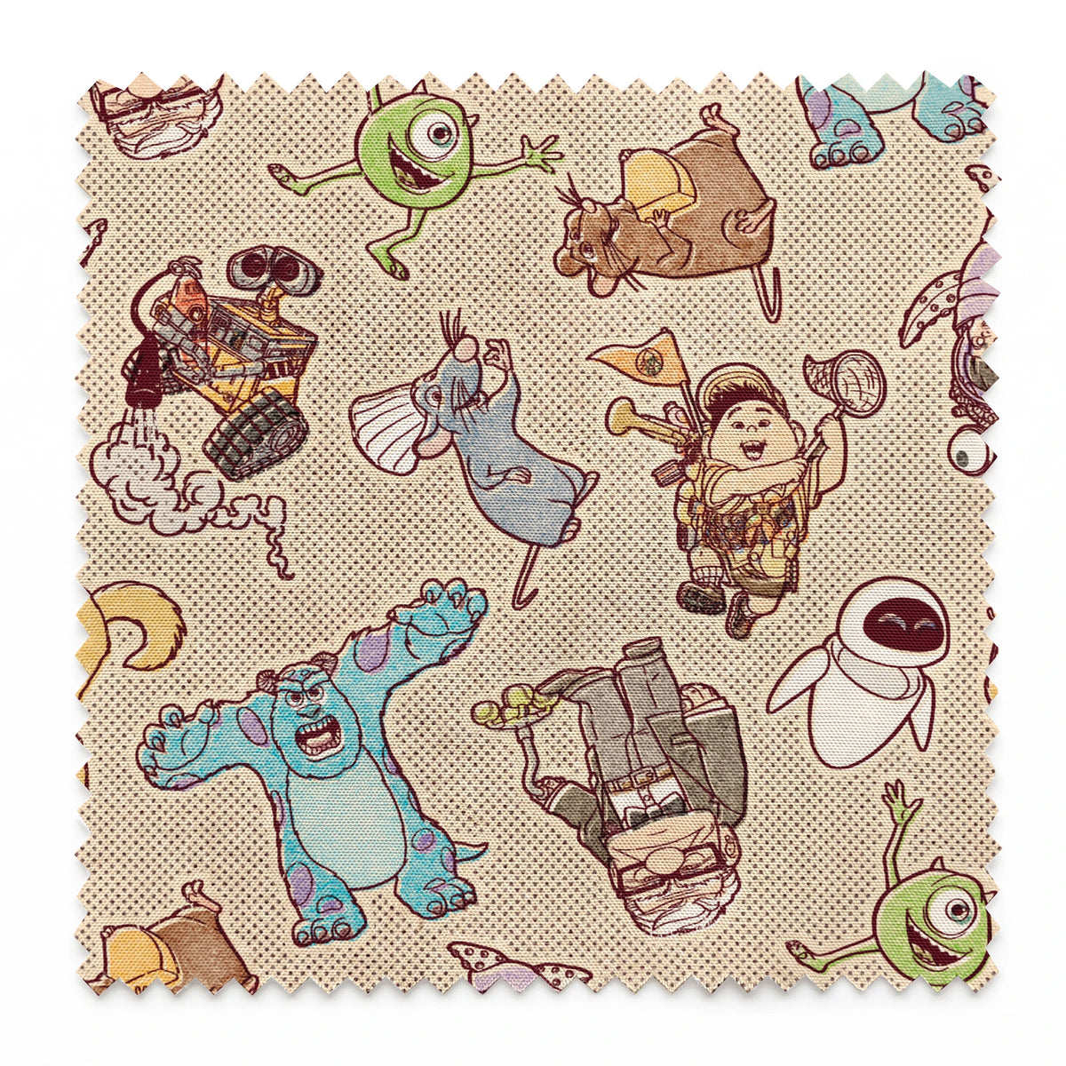 Cute cartoon pattern of Pixar characters including Wall-E, Sulley, and other characters on beige background springs swatch pinked