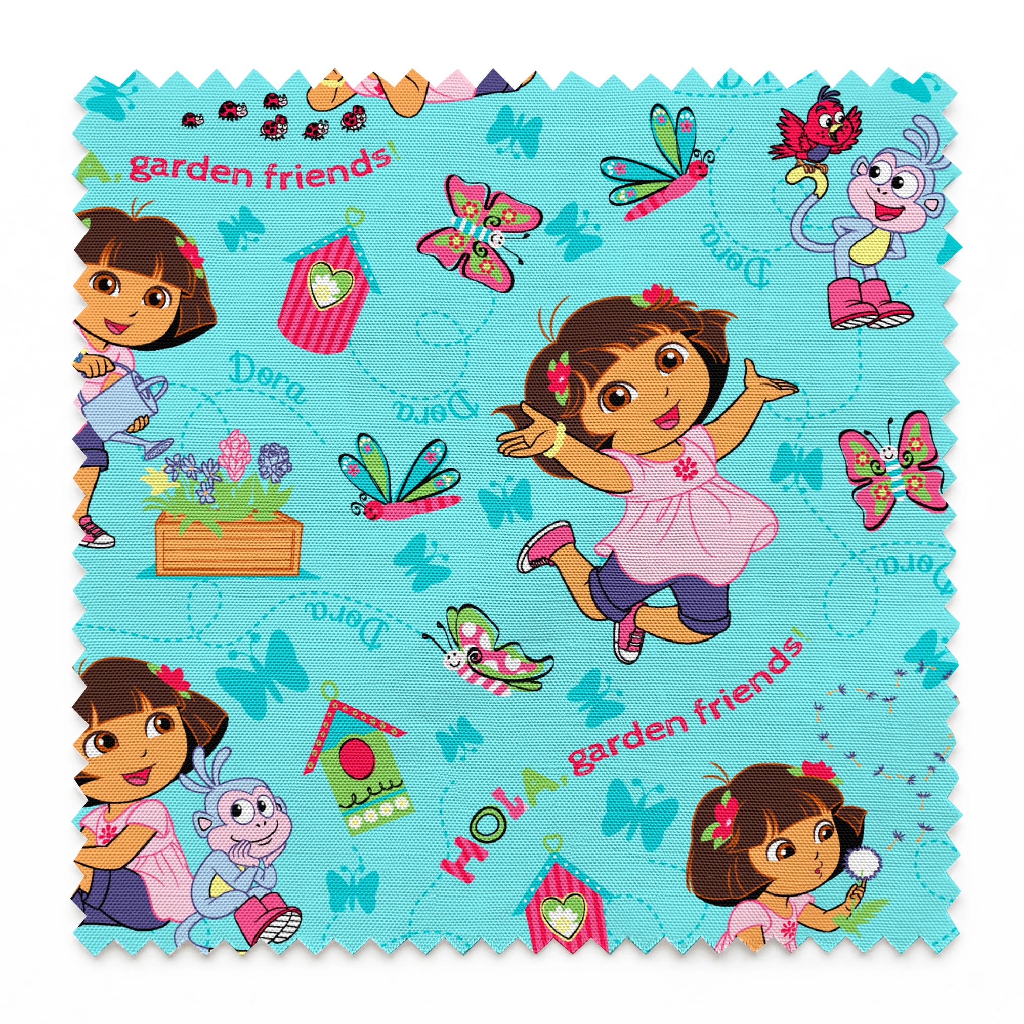 Colorful Dora the Explorer pattern on light blue background springs swatch pinked