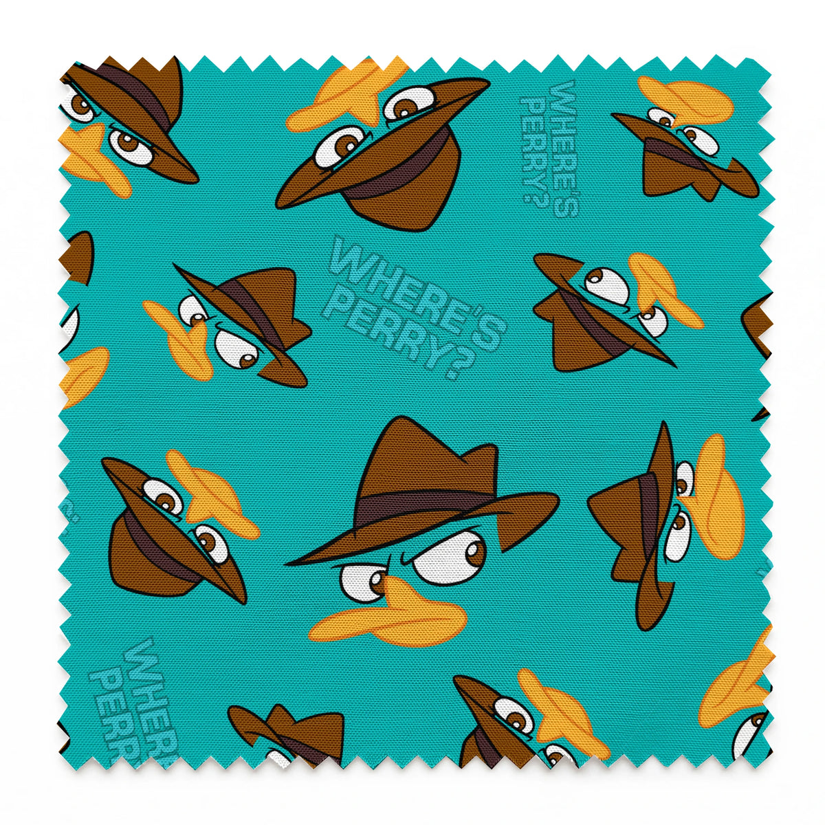 Pattern of cartoon character faces with brown fedora hats on teal background with "Where's Perry" text springs swatch pinked