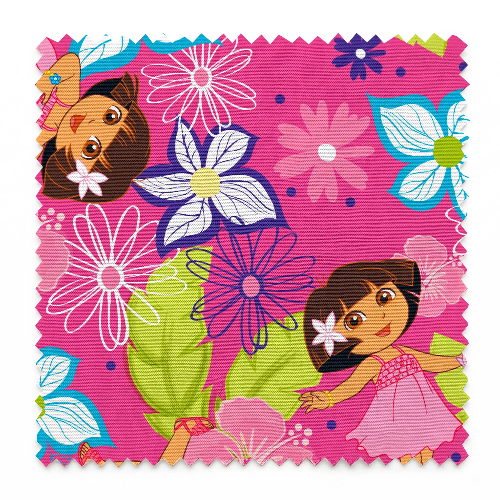 Colorful cartoon pattern with Dora the Explorer characters among vibrant flowers on pink background springs swatch pinked