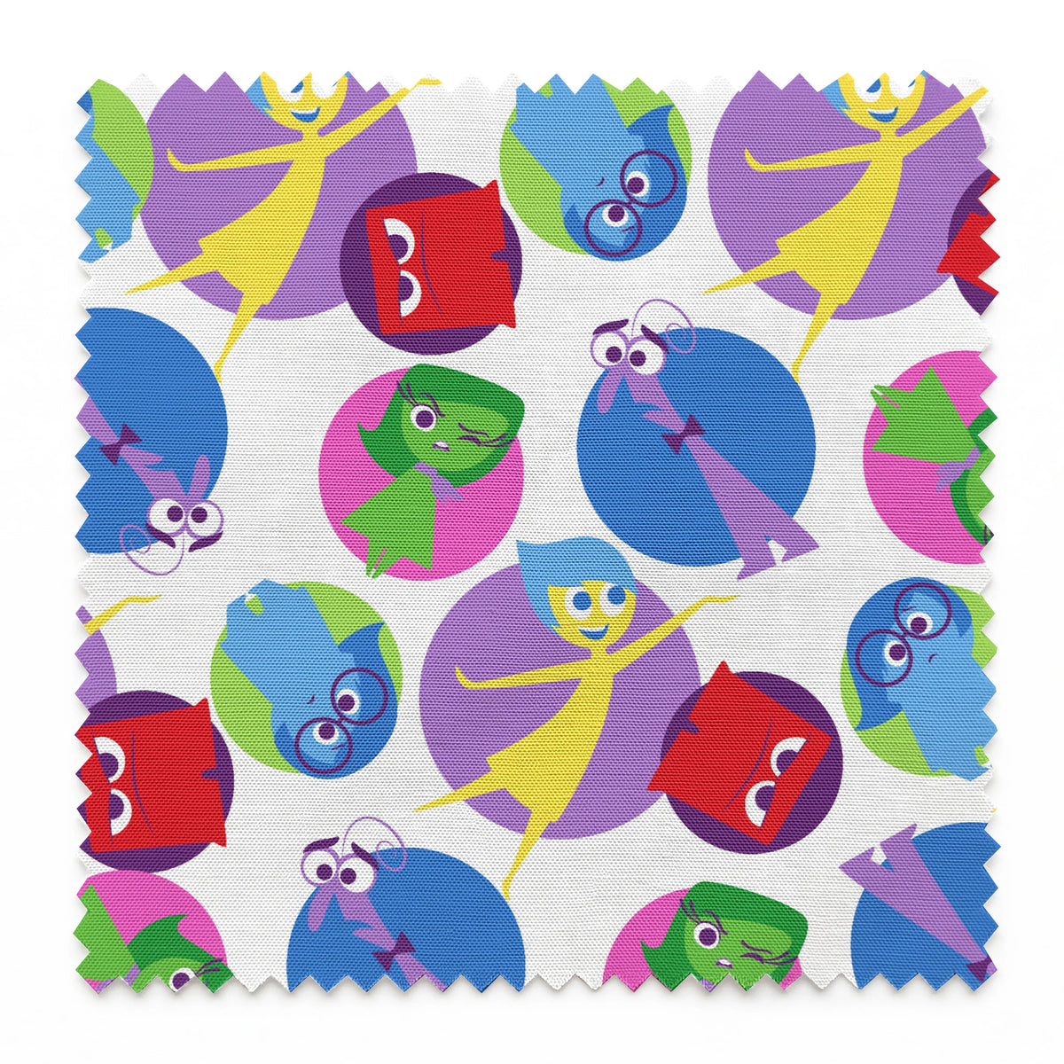Colorful pattern of Inside Out characters with expressive eyes in overlapping purple, blue, red, and green circles springs swatch pinked