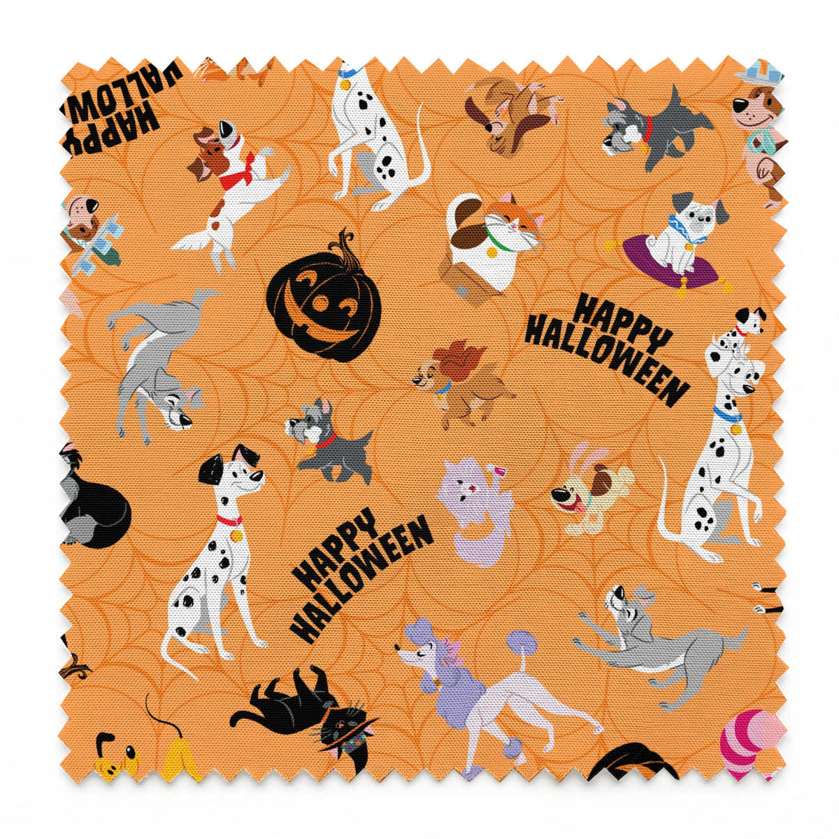 Cartoon dogs in Halloween pattern with pumpkins and "Happy Halloween" text on orange background springs swatch pinked