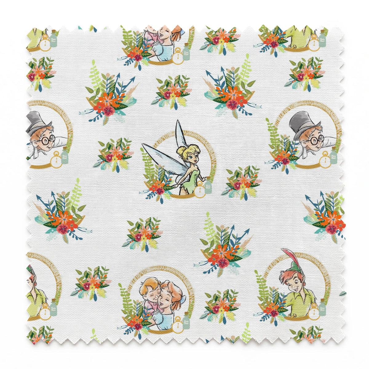Illustrated pattern featuring cartoon characters in gold circles with colorful floral arrangements springs swatch pinked