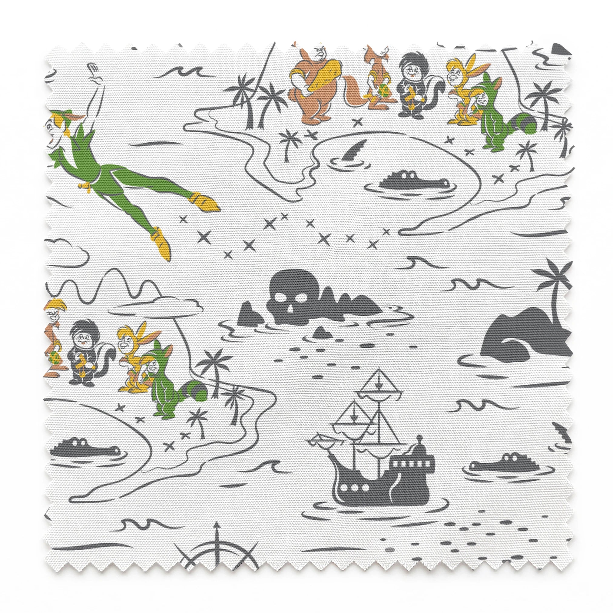 Peter Pan-inspired pattern with islands, ships, mermaids, compass roses, and pirate symbols in green, orange, and gray on white background springs swatch pinked