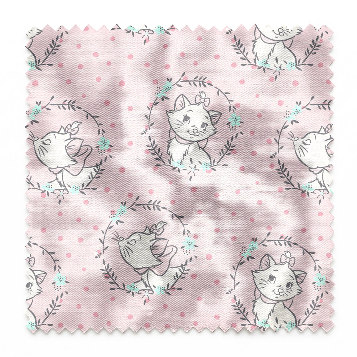 White cartoon cats in floral wreaths on pink polka dot background, seamless pattern springs swatch pinked