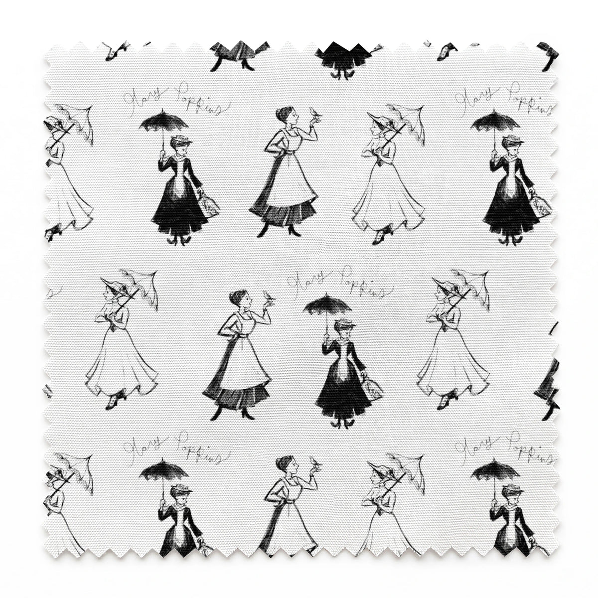 Sketchy illustration pattern of Mary Poppins, shown in various poses in black and white springs swatch pinked