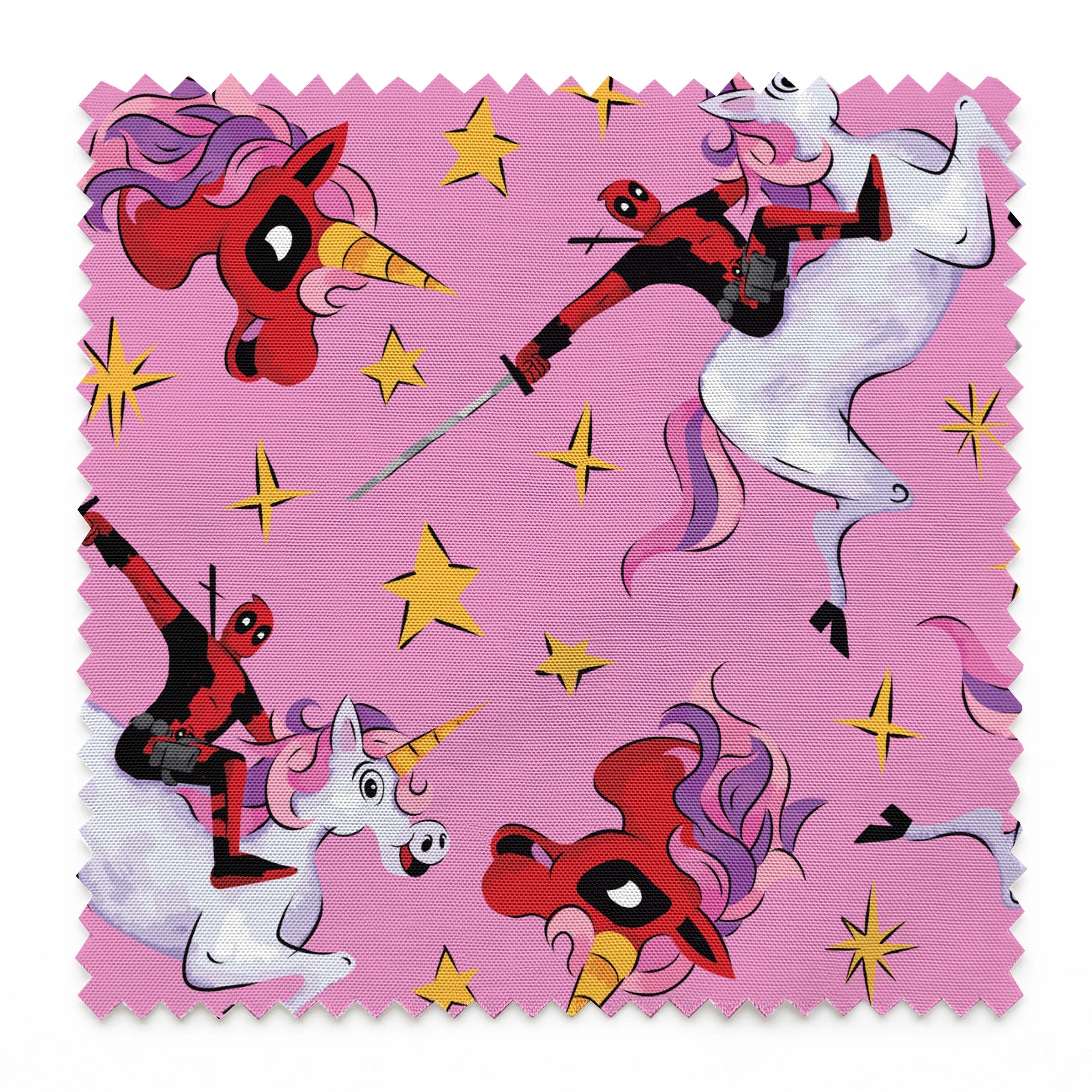 Cartoon character in red riding white unicorns with purple manes against pink starry background springs swatch pinked