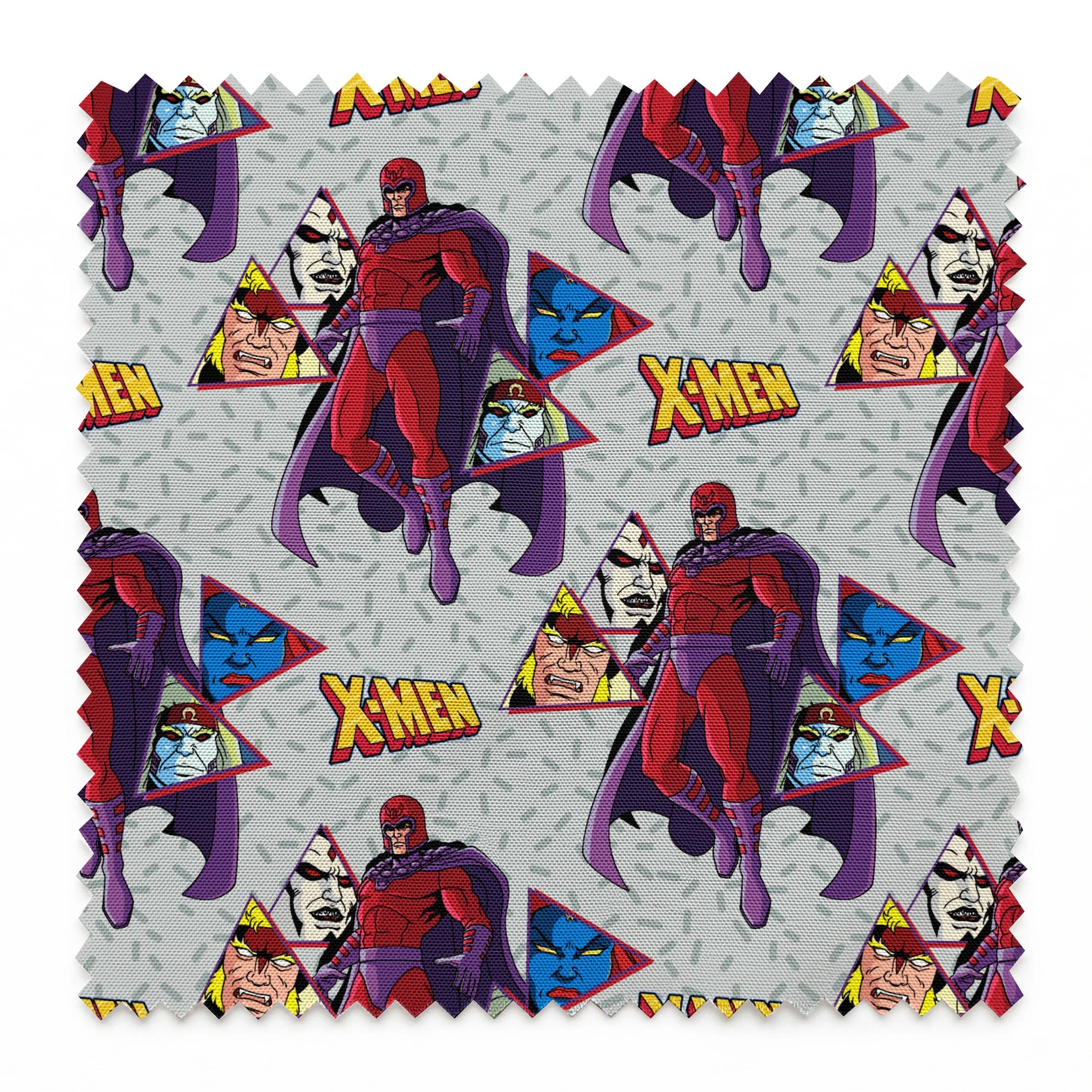 X-Men comic pattern with Magneto in purple and red costume against gray background with character portraits springs swatch pinked