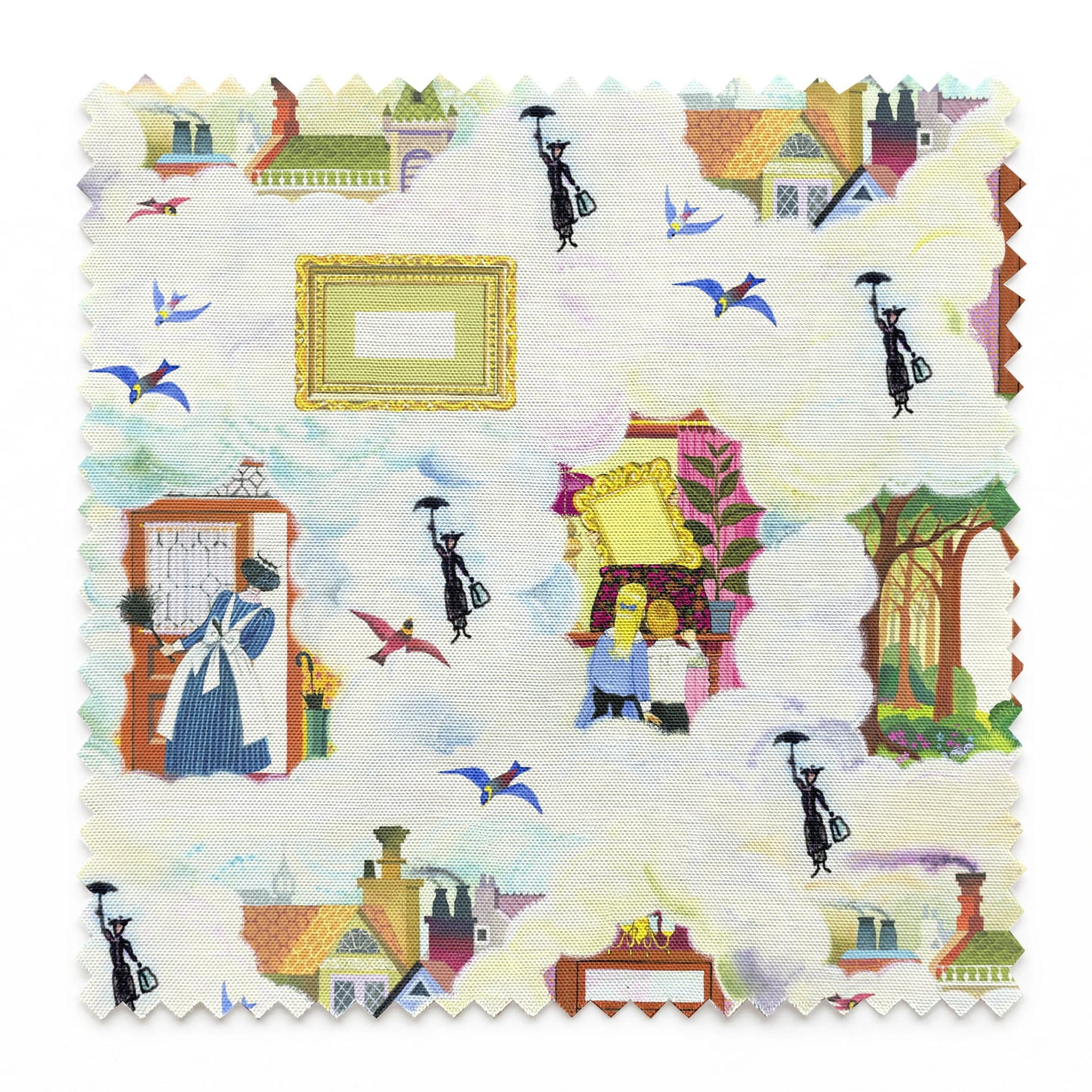 Whimsical pattern with colorful illustrated doorways, frames, and Mary Poppins with umbrellas on a pale blue background springs swatch pinked
