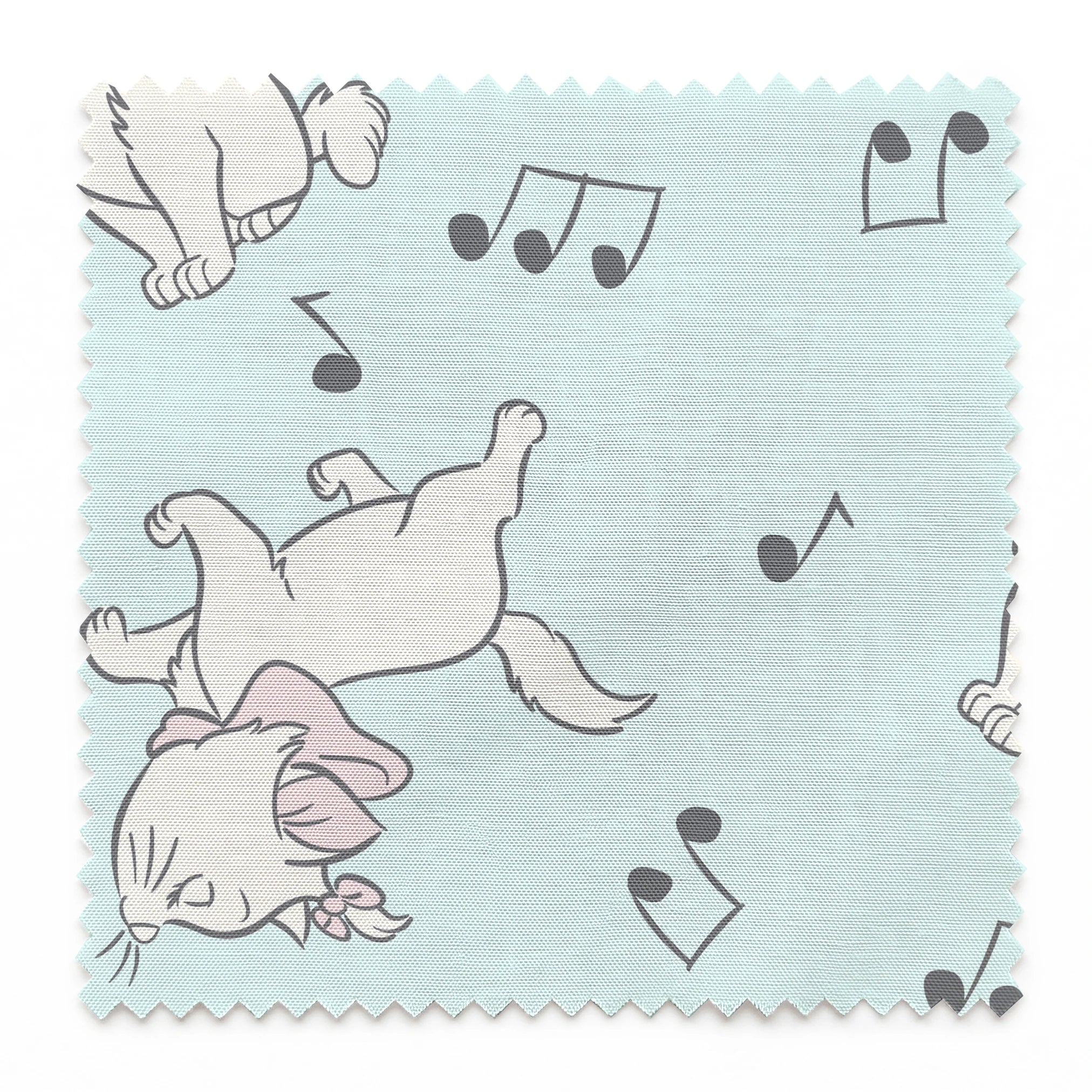 White kittens with pink bows playing among musical notes on a light mint background springs swatch pinked