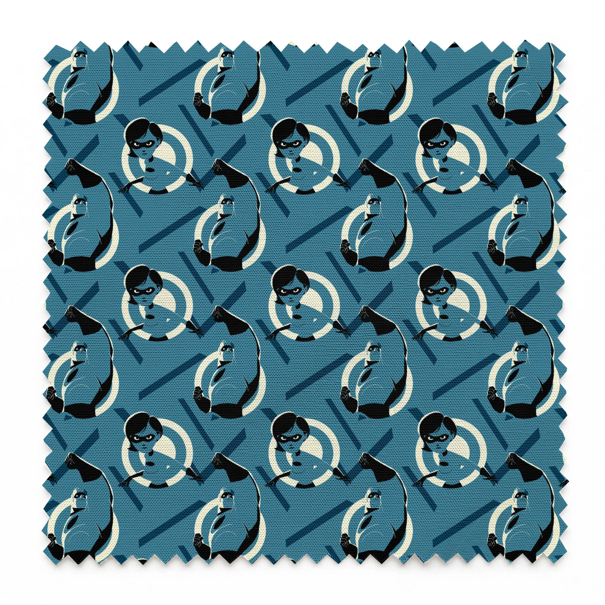 Stylized Mr. Incredible in blue and black with raised fist against geometric circular background springs swatch pinked