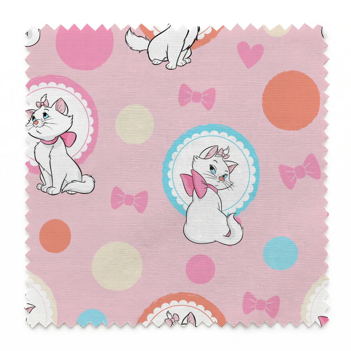 Marie from The Aristocats with pink bows in decorative circular frames on pink polka dot background with bow motifs springs swatch pinked