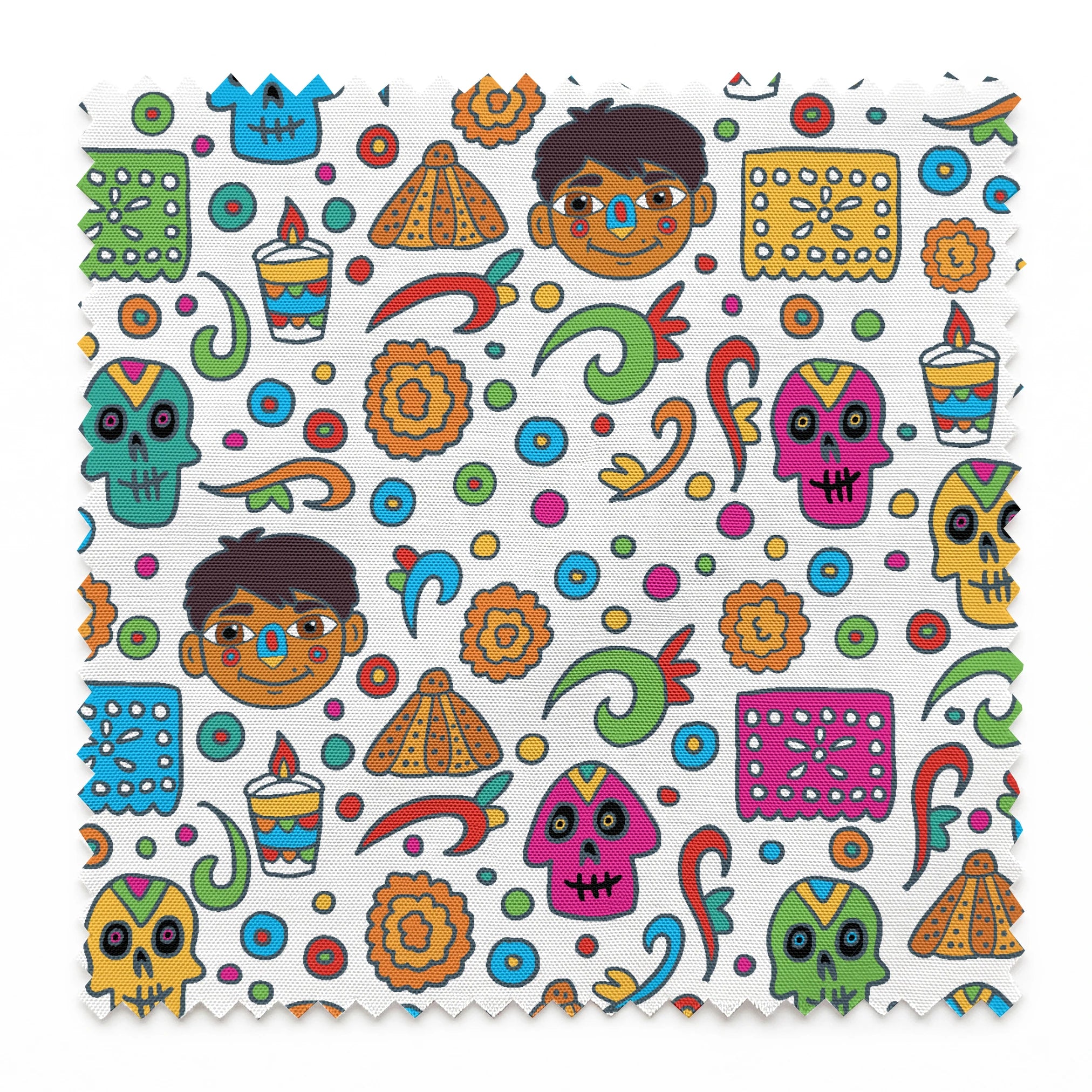 Colorful Coco pattern with sugar skulls, pyramids, swirls, flowers, and cartoon characters on white background springs swatch pinked