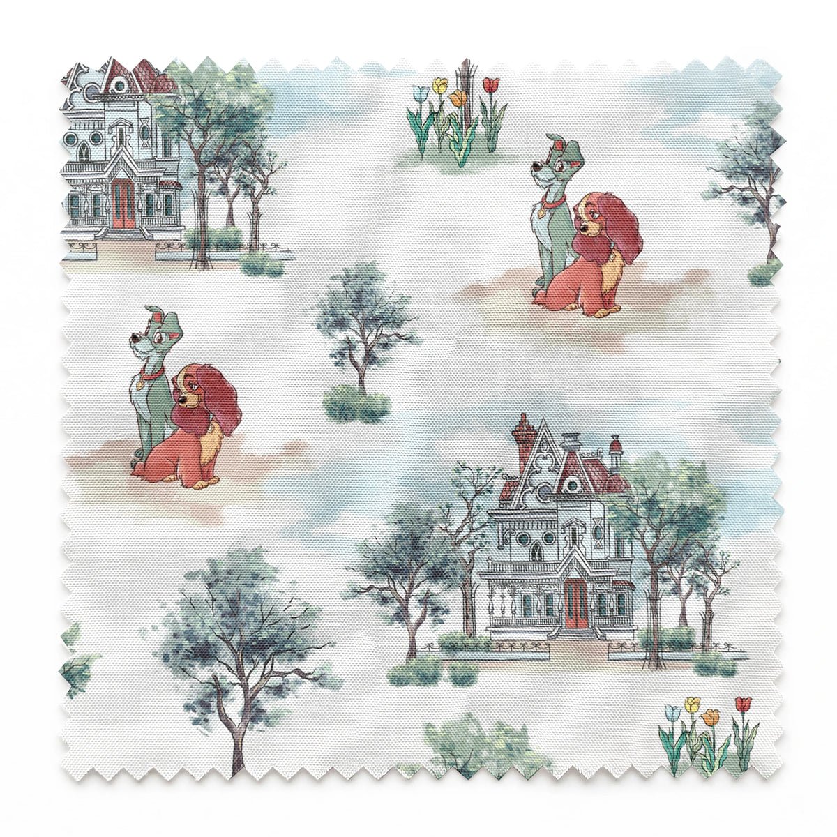 Repeating pattern with Victorian houses, small trees, and cartoon lions with red manes in a soft watercolor style springs swatch pinked