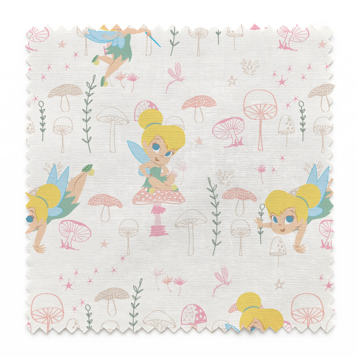 Whimsical pattern with cartoon fairy characters and pink mushrooms against a cream background springs swatch pinked