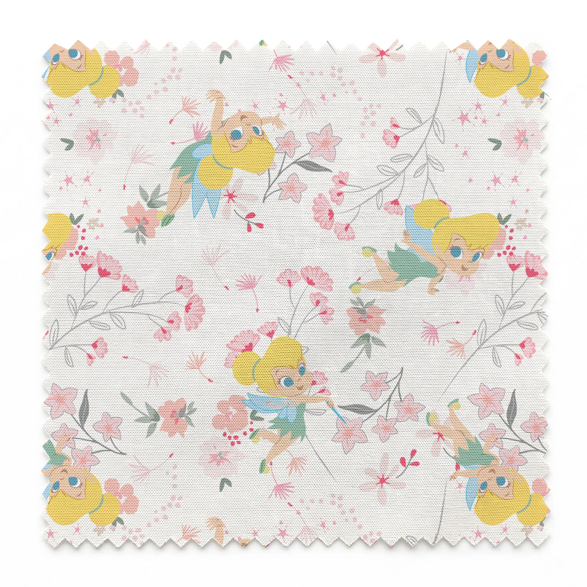 Whimsical pattern with Tinker Bell among pink flowers and green leaves on white background springs swatch pinked