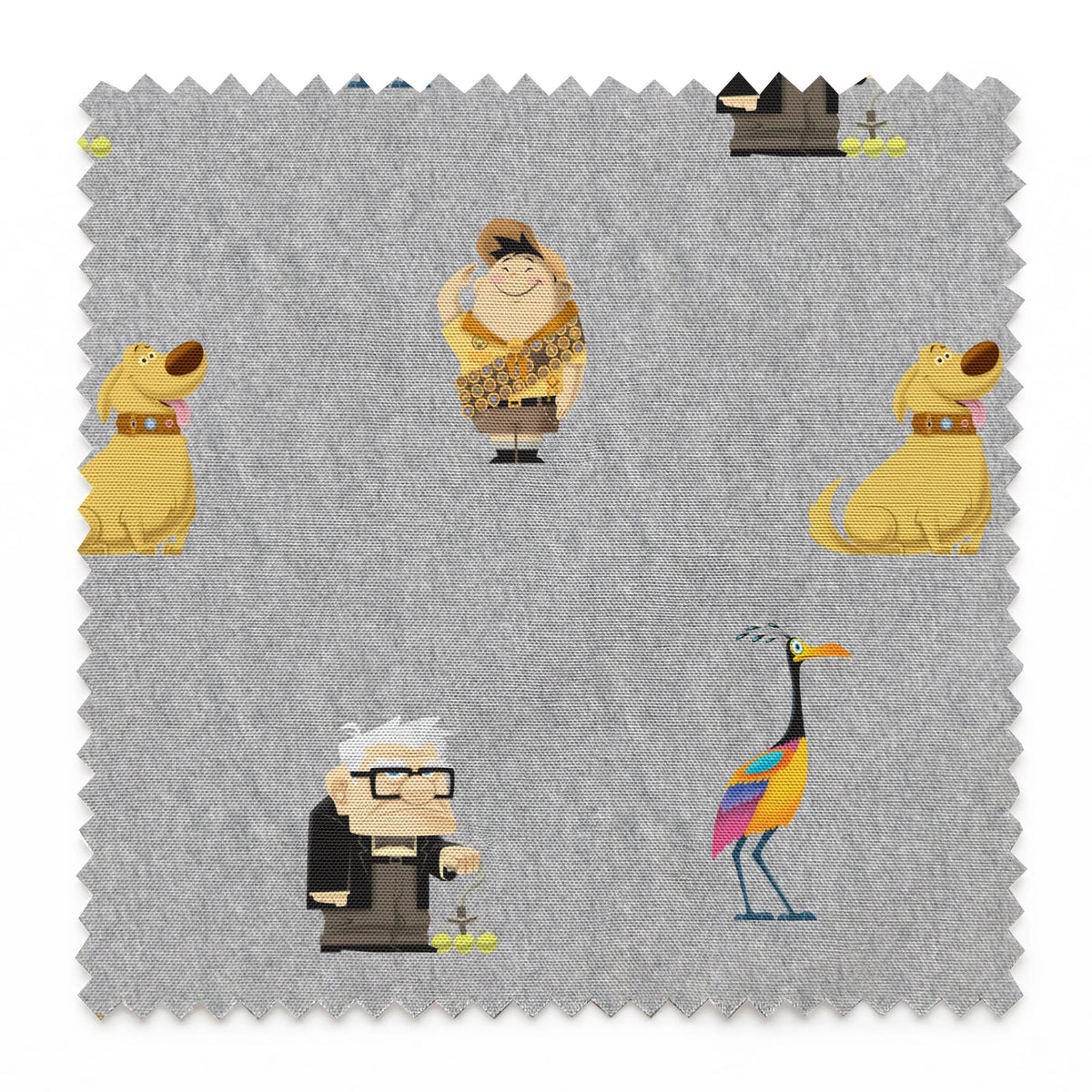 Up pattern with wilderness explorer characters, yellow birds, and colorful details on gray background springs swatch pinked