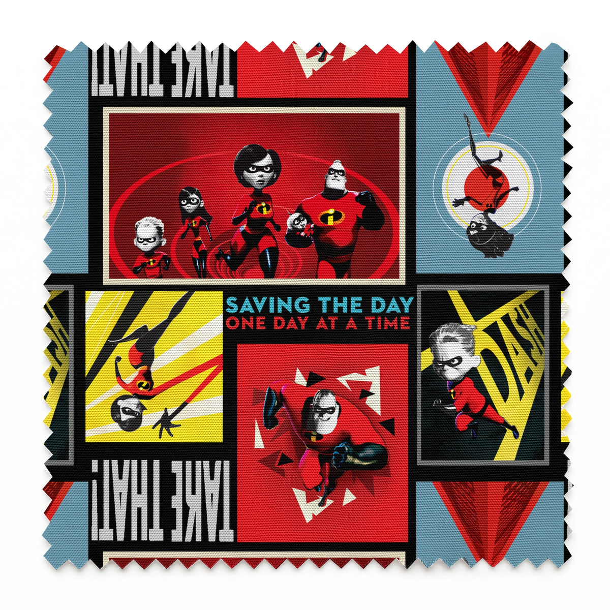 Incredibles superhero family comic style artwork with "Saving the Day One Day at a Time" text springs swatch pinked