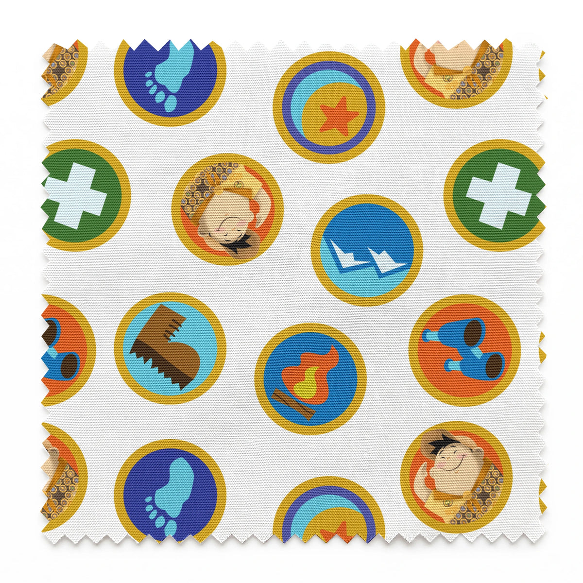 Colorful Up-inspired circular badges with outdoor adventure symbols including footprint, star, first aid cross, boots, and hiking equipment. springs swatch pinked