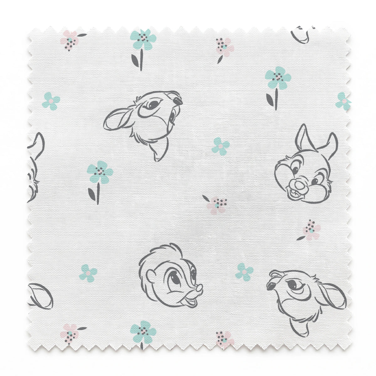 Sketch-style animals from Disney Bambi with pastel flowers on a white background. springs swatch pinked